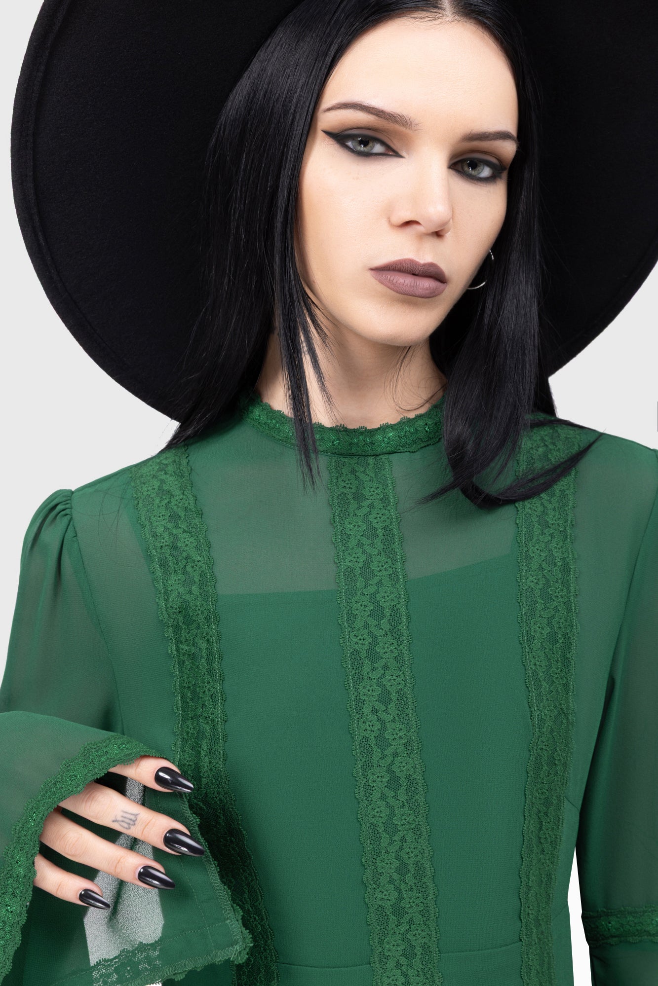 Killstar Green Long Sleeve Mini Dress with Lace Detail