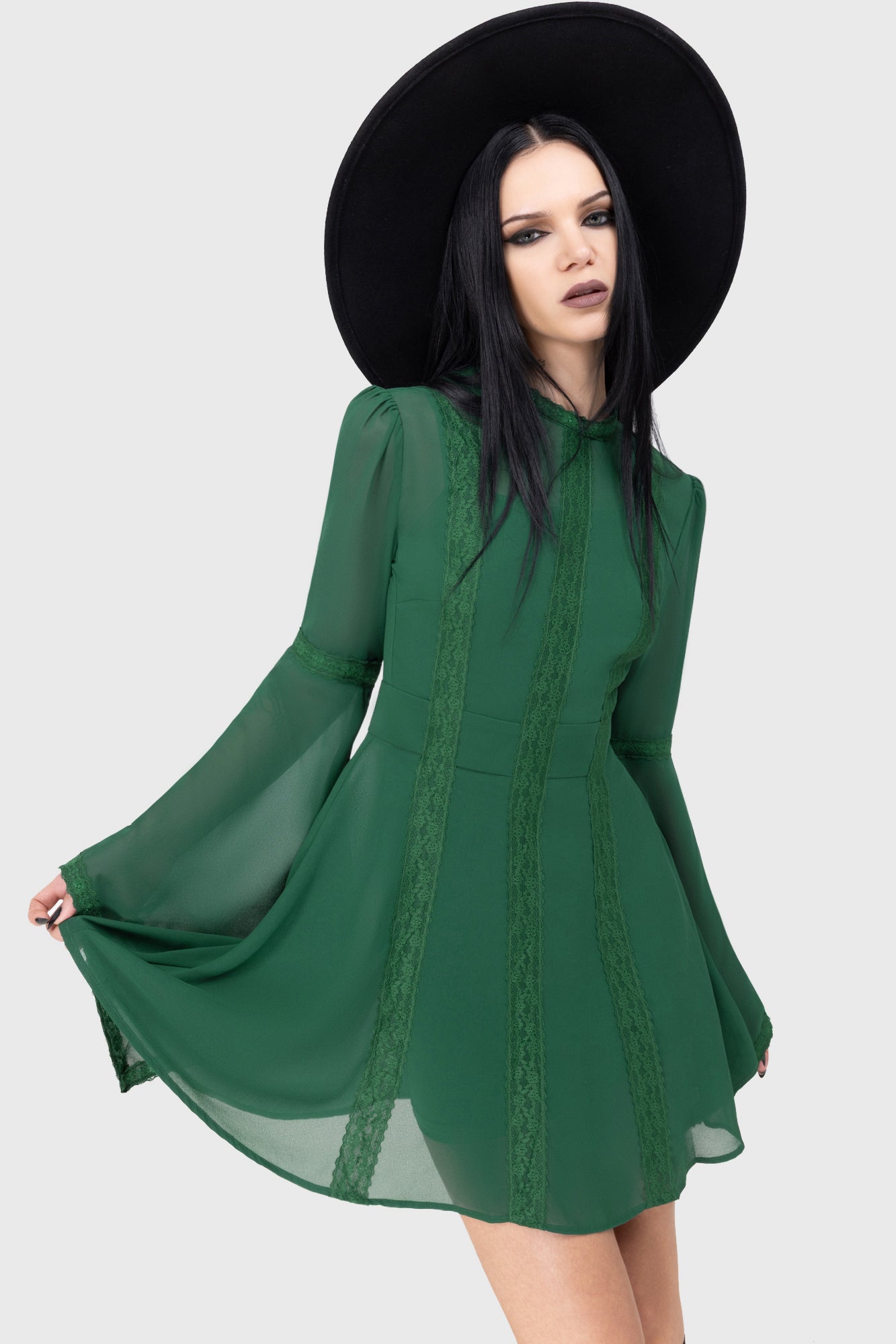 Killstar Green Long Sleeve Mini Dress with Lace Detail