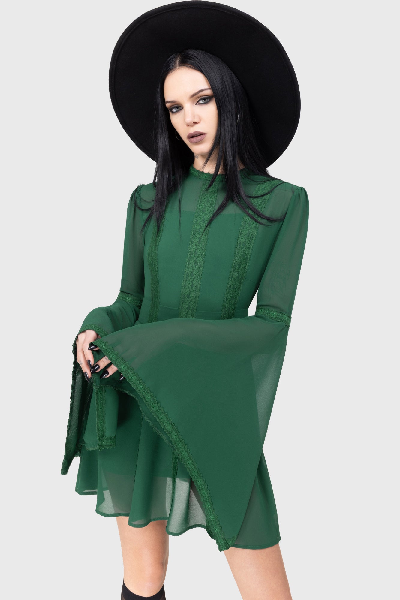 Killstar Green Long Sleeve Mini Dress with Lace Detail