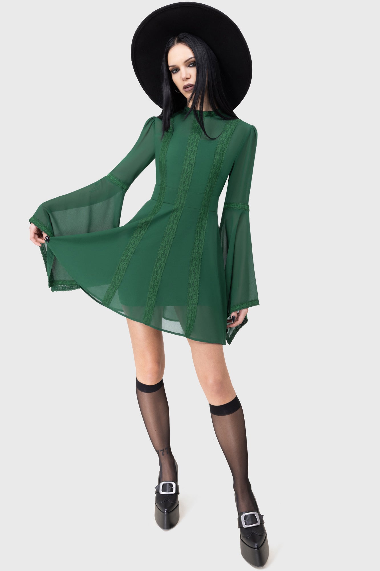Killstar Green Long Sleeve Mini Dress with Lace Detail