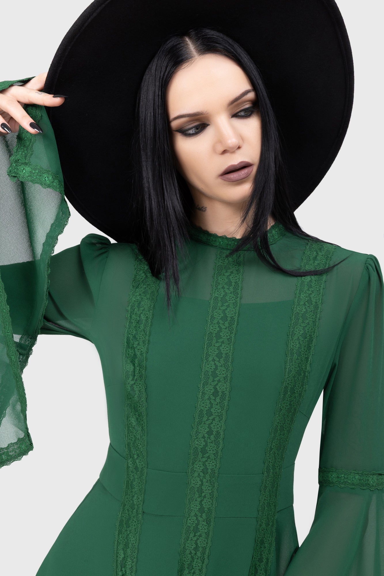 Killstar Green Long Sleeve Mini Dress with Lace Detail