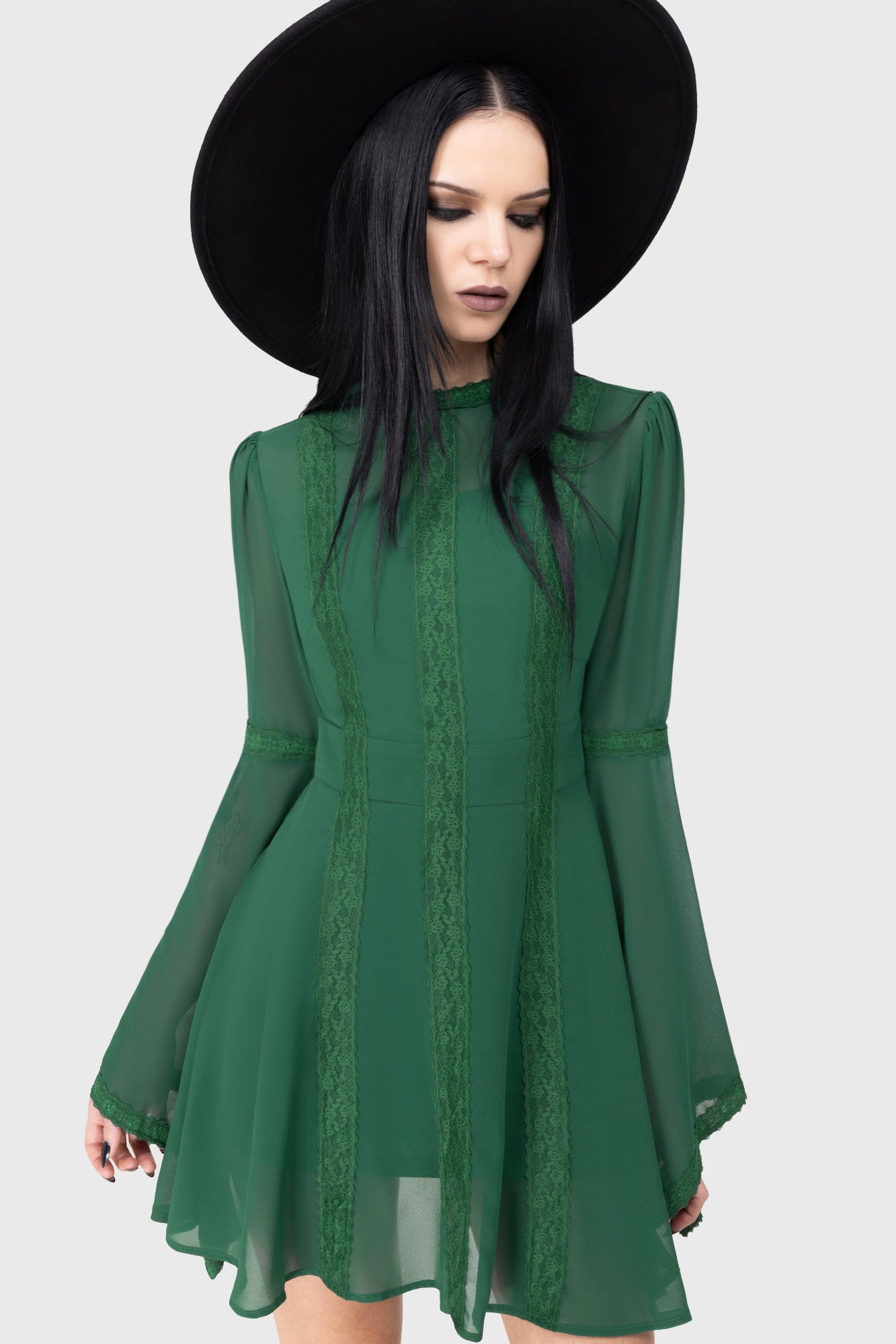 Killstar Green Long Sleeve Mini Dress with Lace Detail