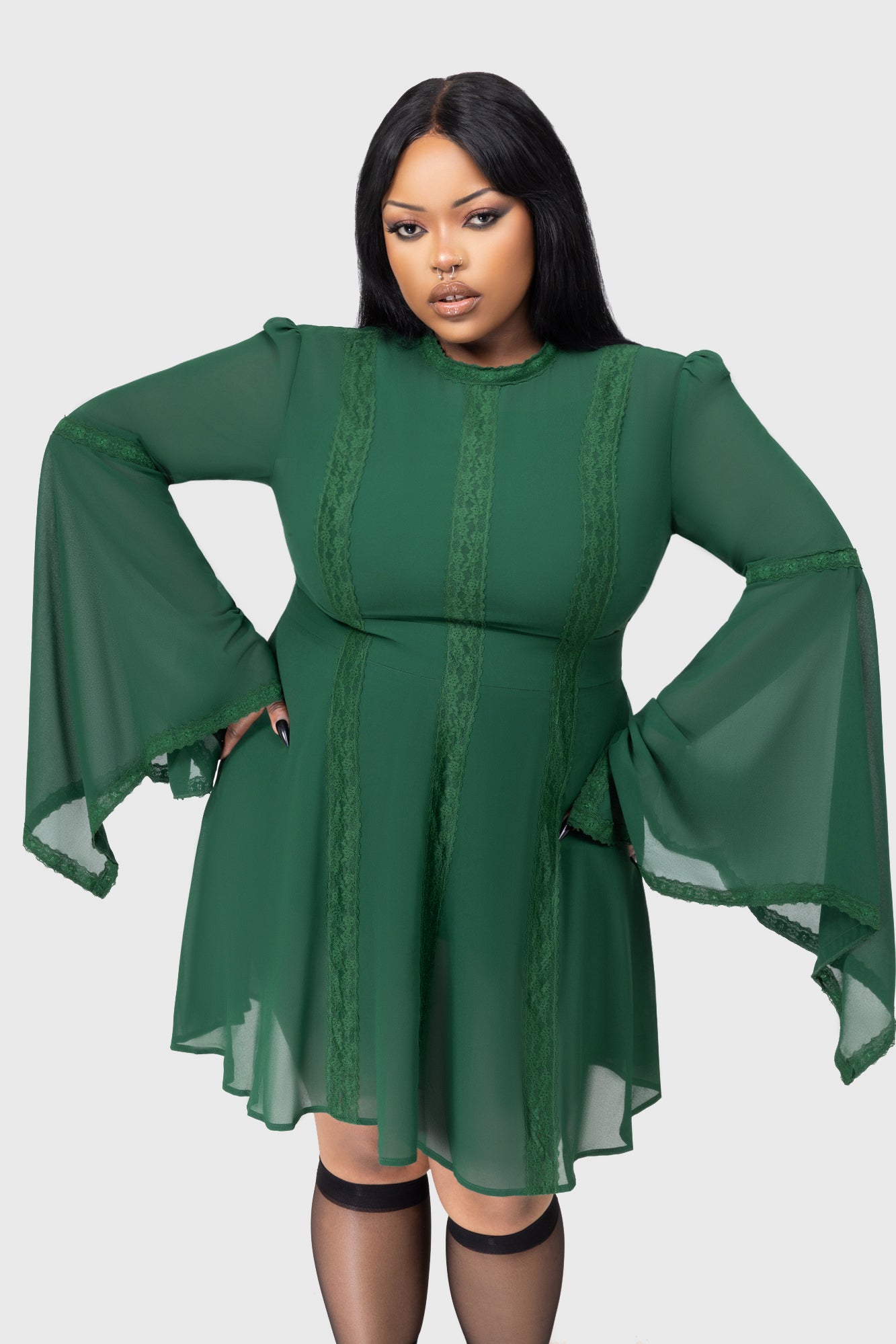 Killstar Green Long Sleeve Mini Dress with Lace Detail