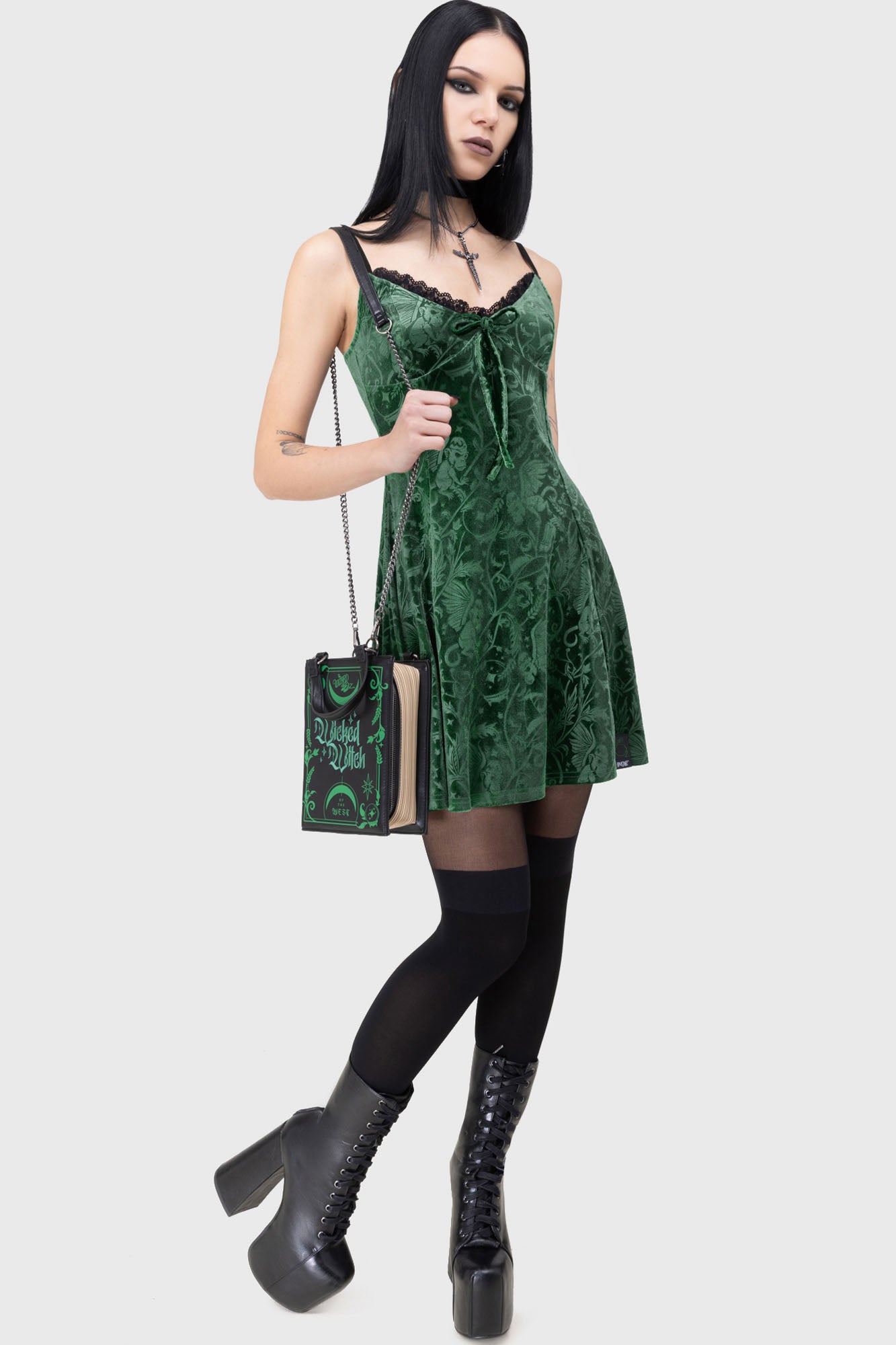 Killstar Emerald Envy Velvet Mini Dress with Bow Tie