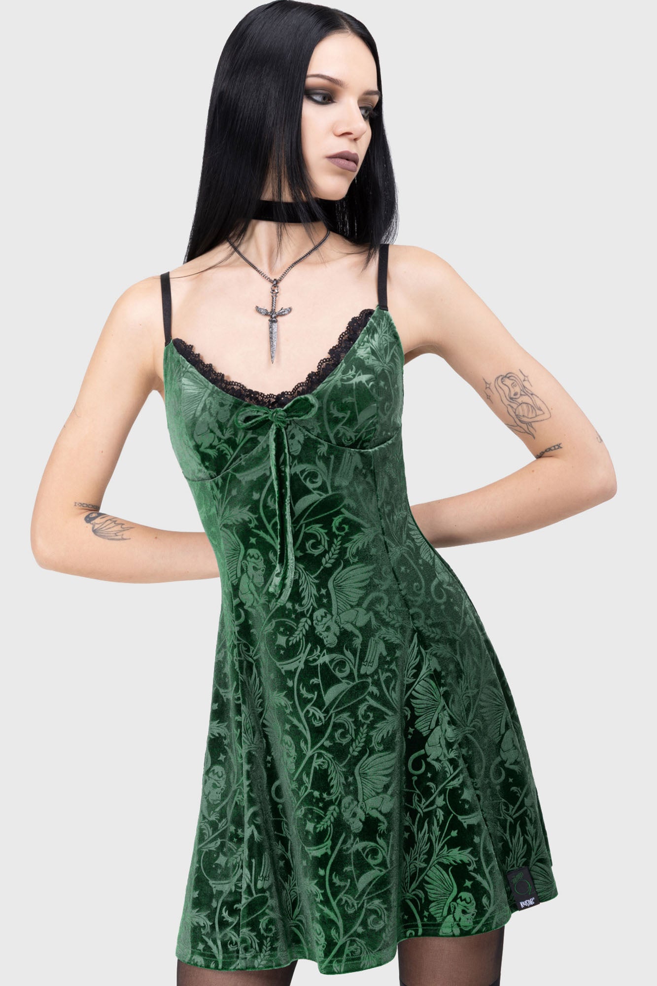 Killstar Emerald Envy Velvet Mini Dress with Bow Tie