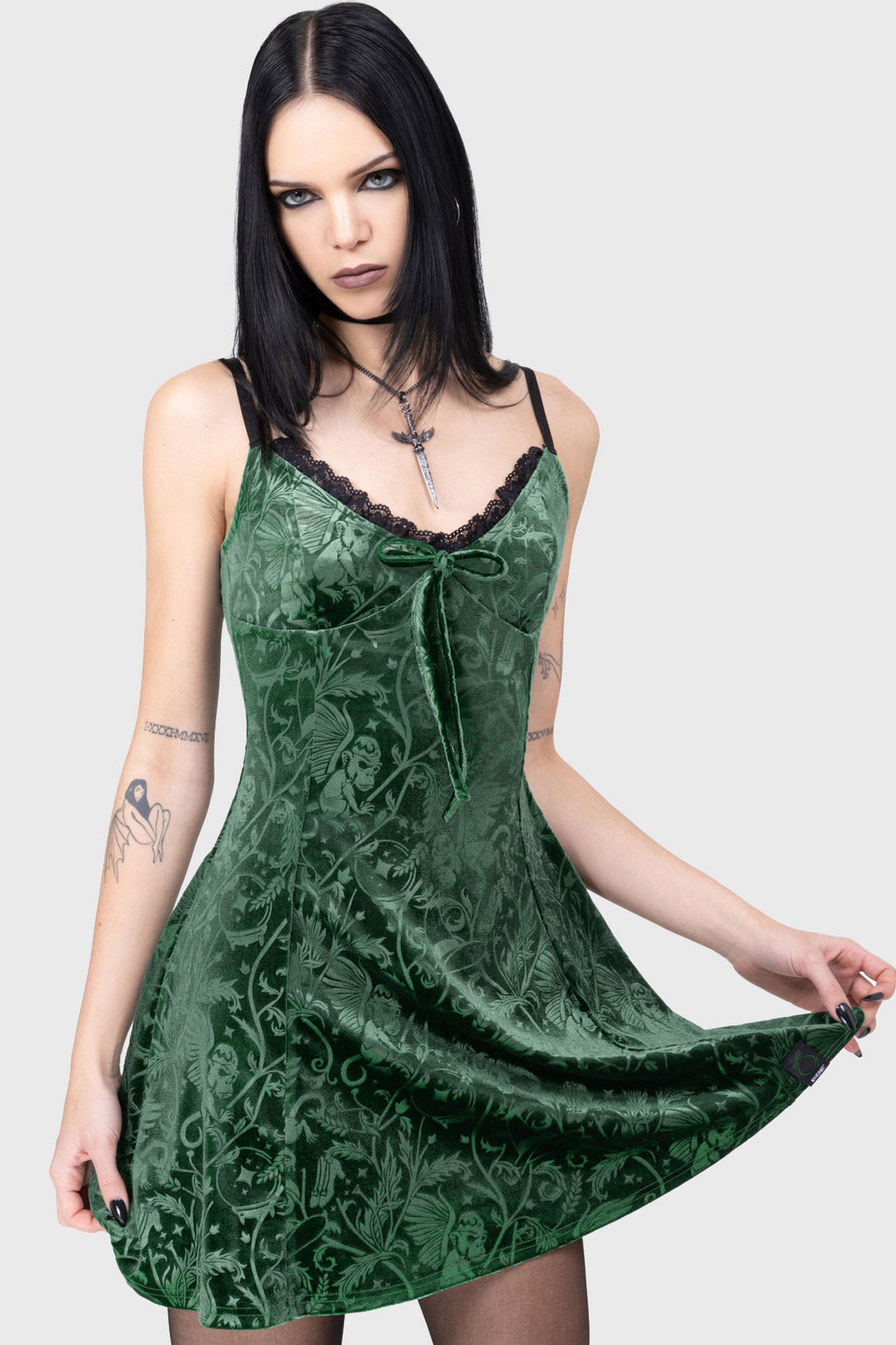 Killstar Emerald Envy Velvet Mini Dress with Bow Tie