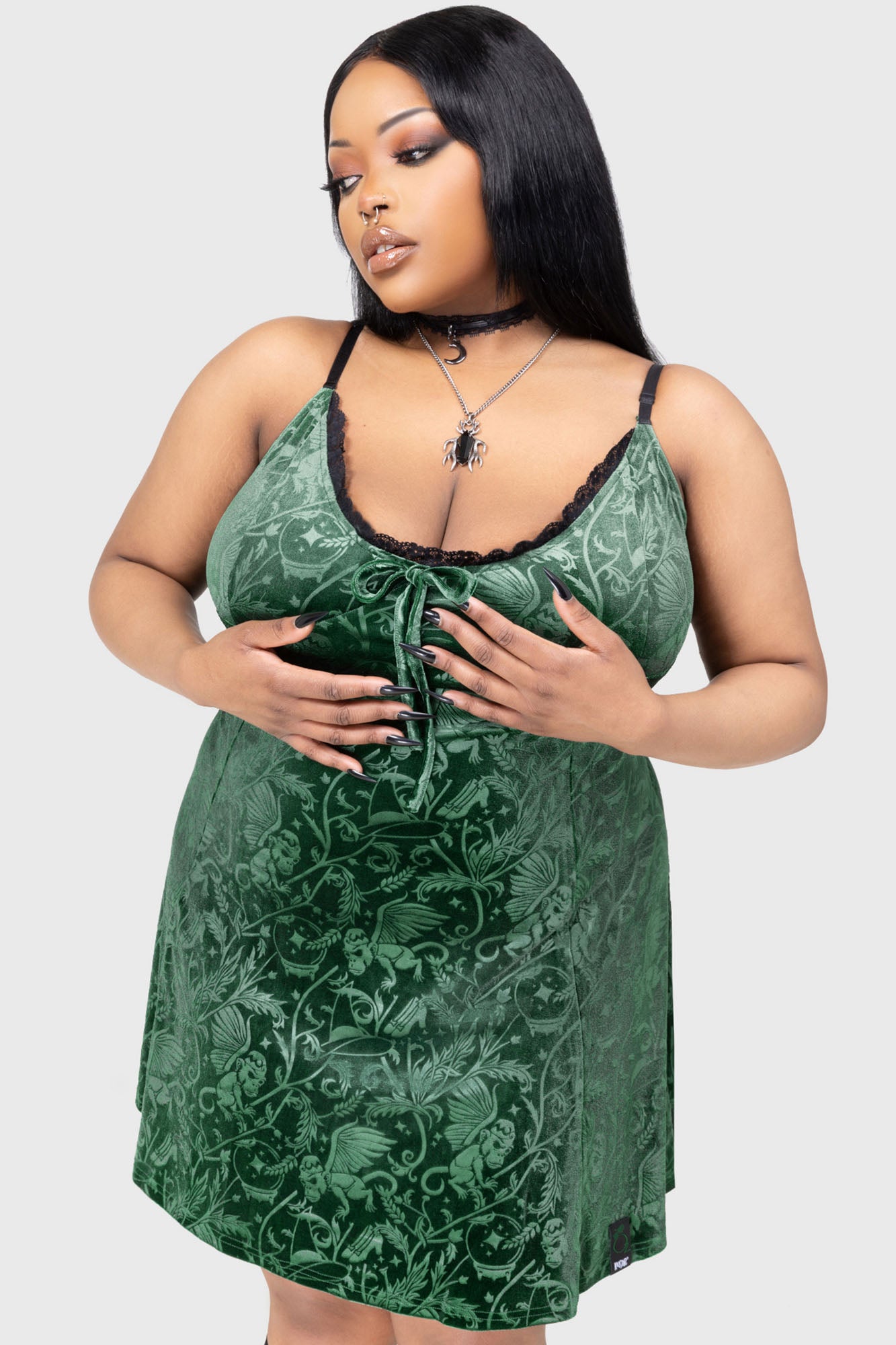 Killstar Emerald Envy Velvet Mini Dress with Bow Tie