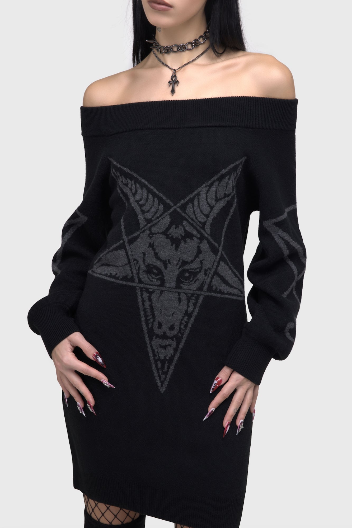 Killstar Baphomet Off Shoulder Sweater Dress - Gothic Mini Dress