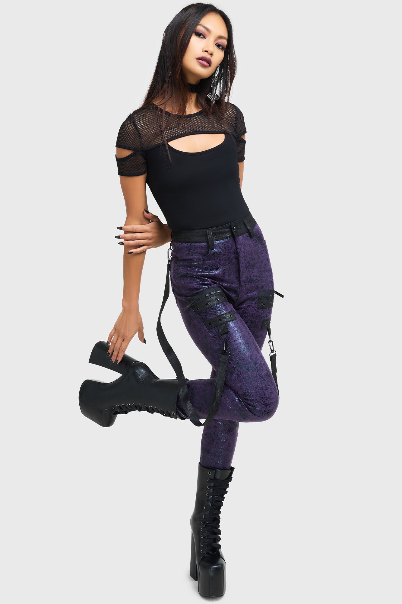 Asmodea Crackle PU Trousers with Adjustable Straps & Pockets