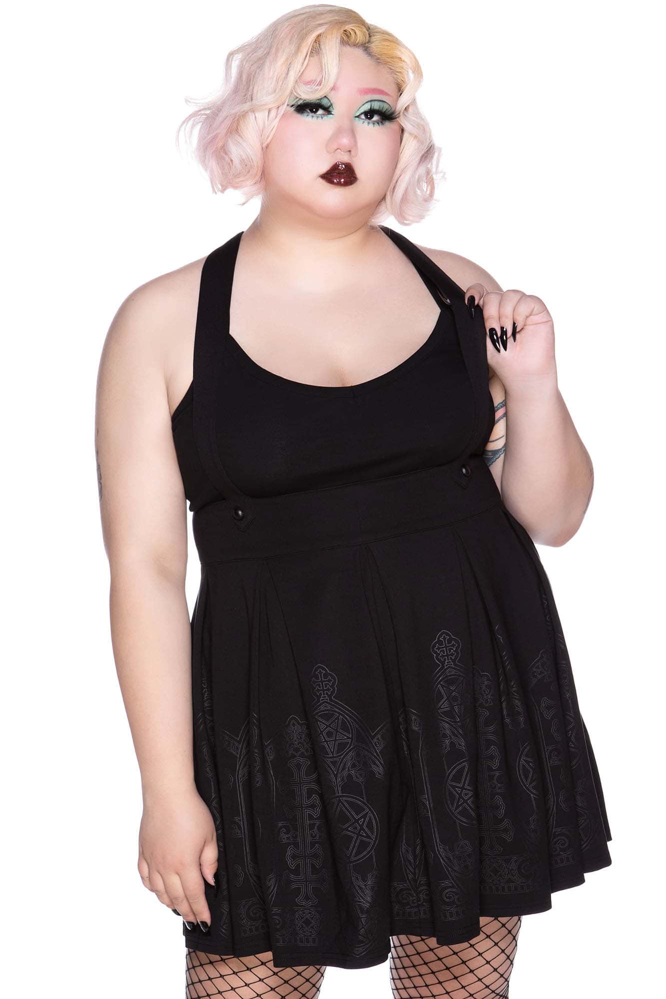 Killstar Aura Skirt - High Waist Fitted Suspender Skirt with Statement Print