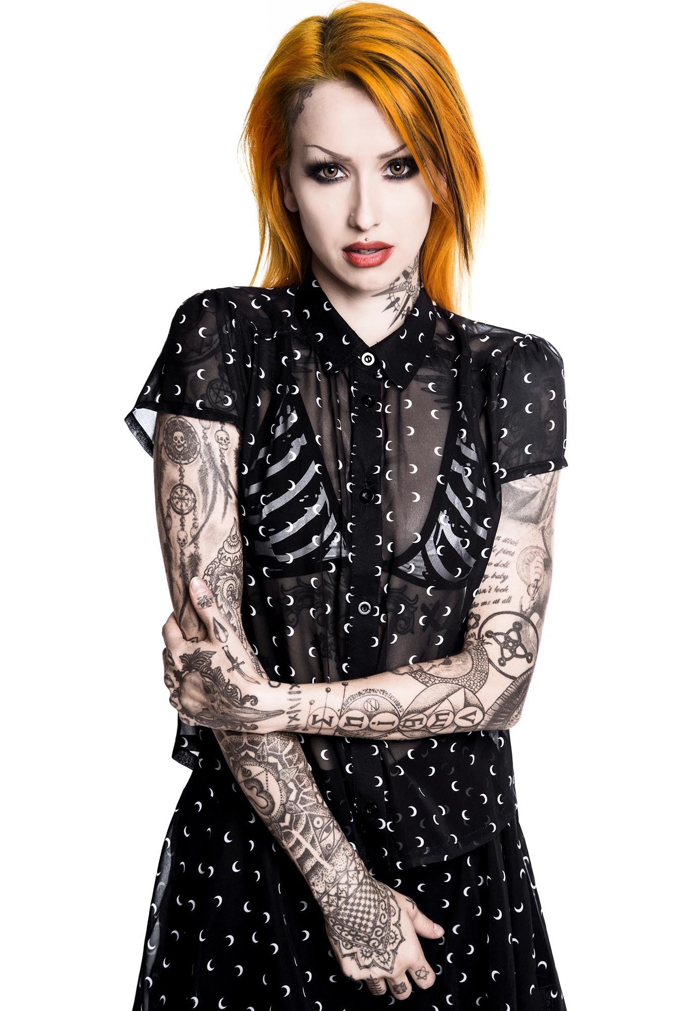 Killstar Aurora Midnight Printed Chiffon Blouse with Ribbon Tie