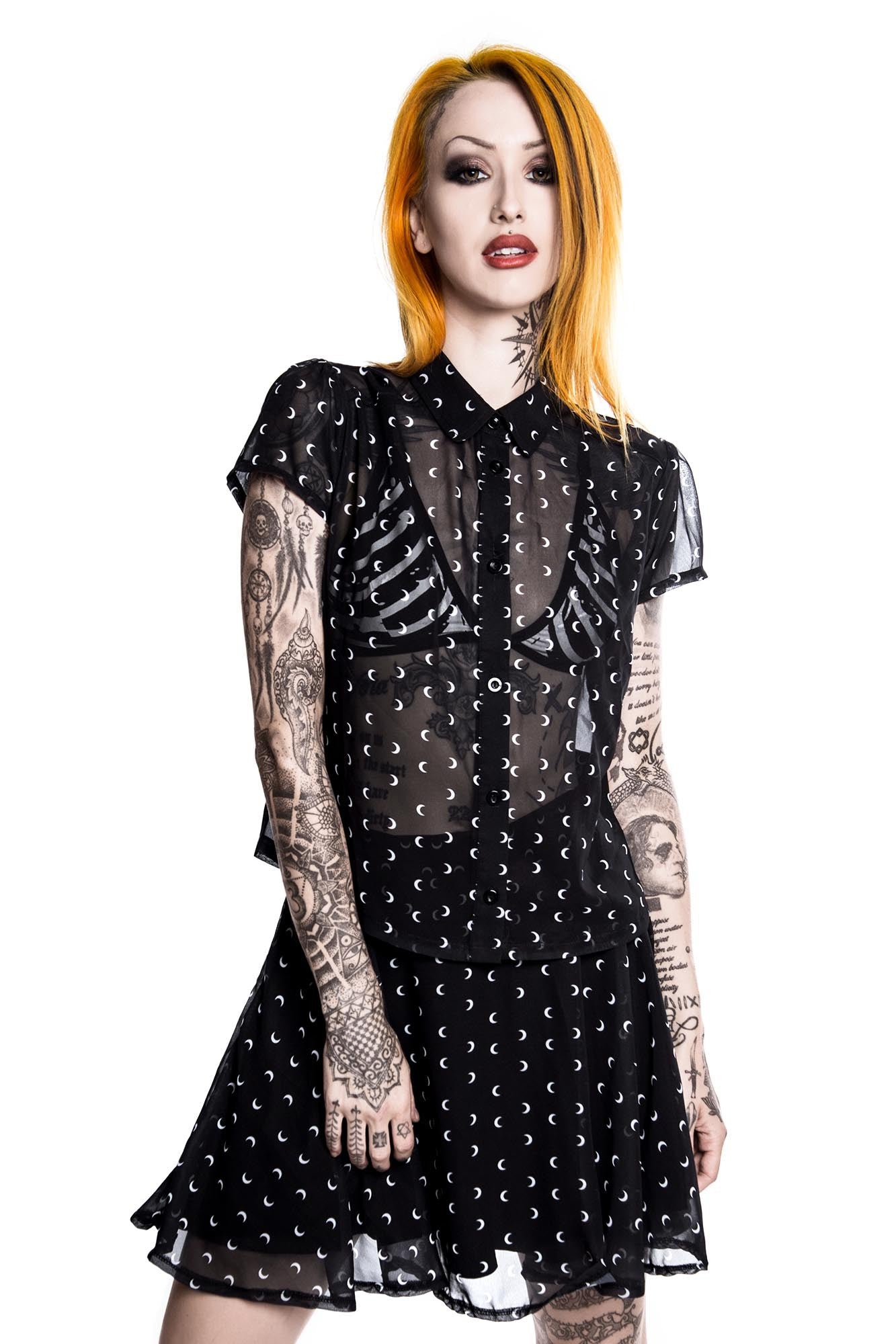 Killstar Aurora Midnight Printed Chiffon Blouse with Ribbon Tie