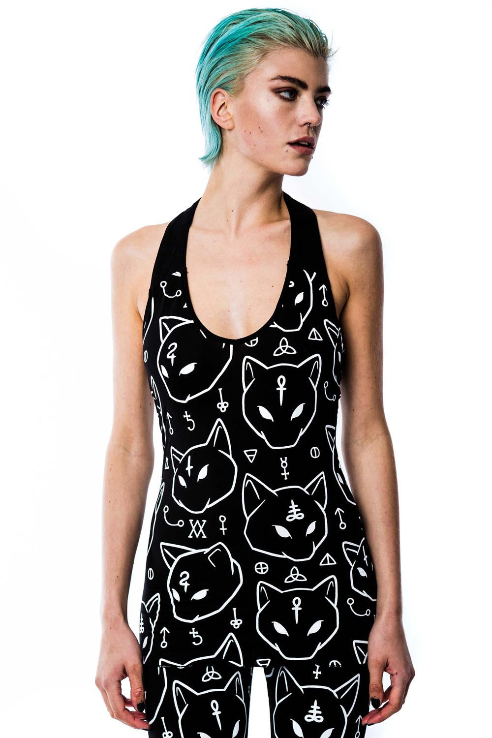 Killstar Azrael Black Cat Print Fitted Jersey Vest