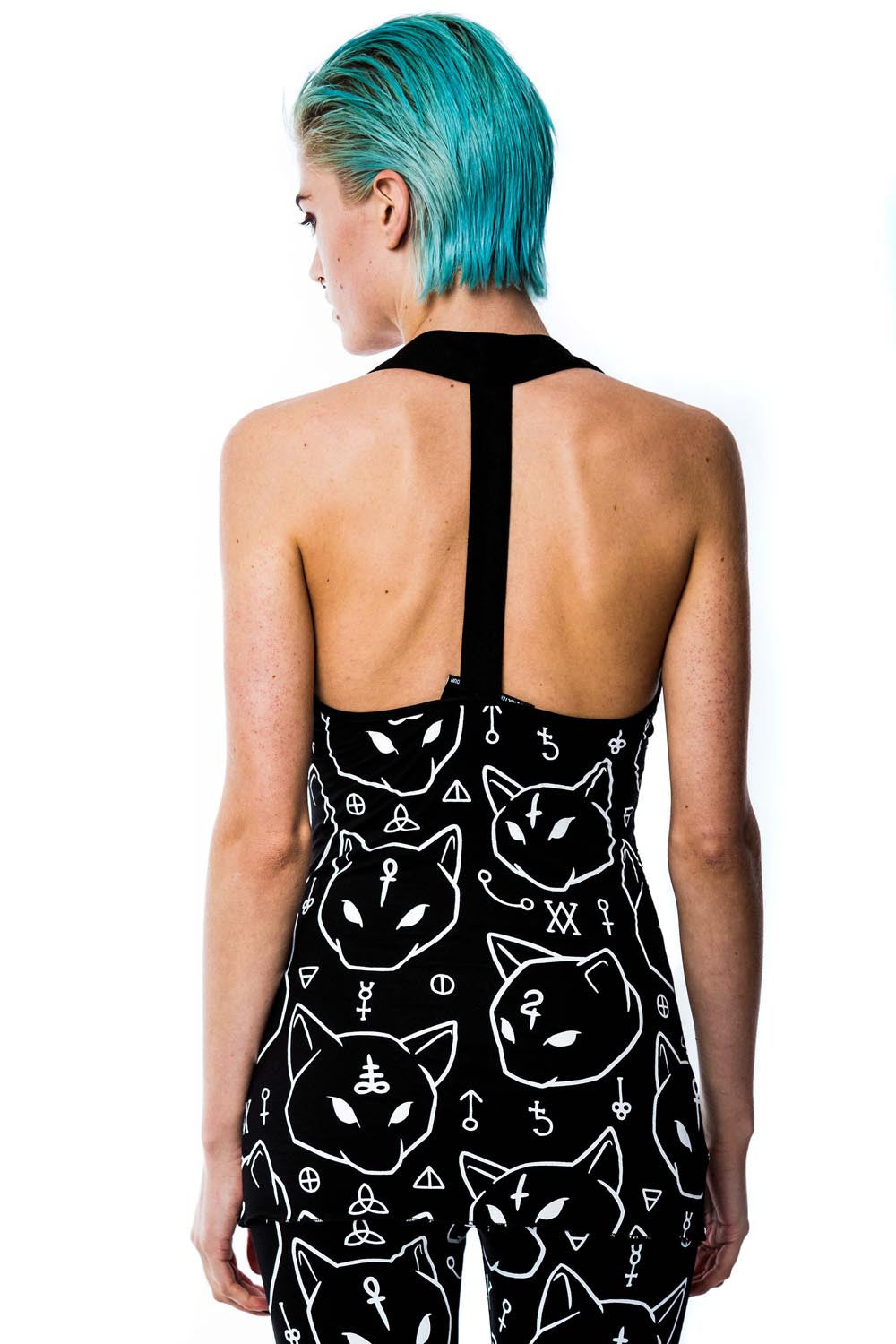 Killstar Azrael Black Cat Print Fitted Jersey Vest