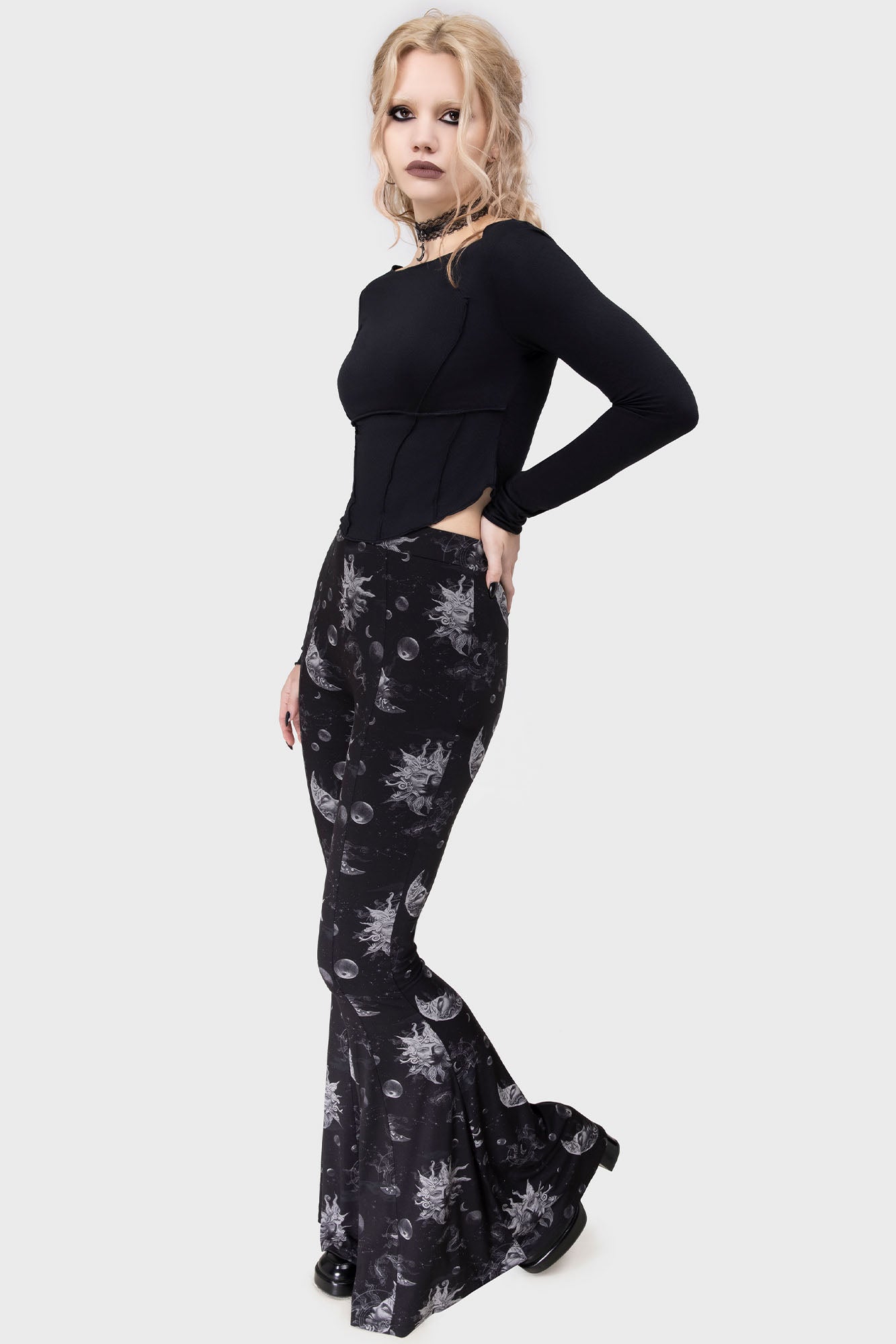 Azurement High Waisted Celestial Print Bell Bottom Pants