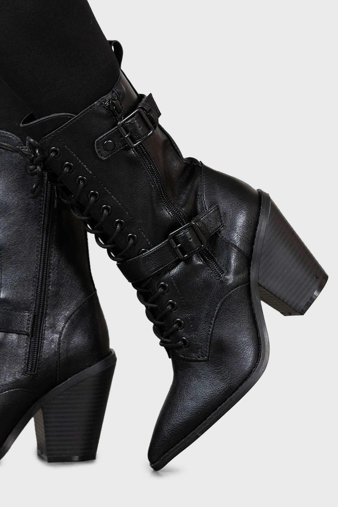Killstar Beatrix Faux Leather Lace-Up Boots with Block Heel