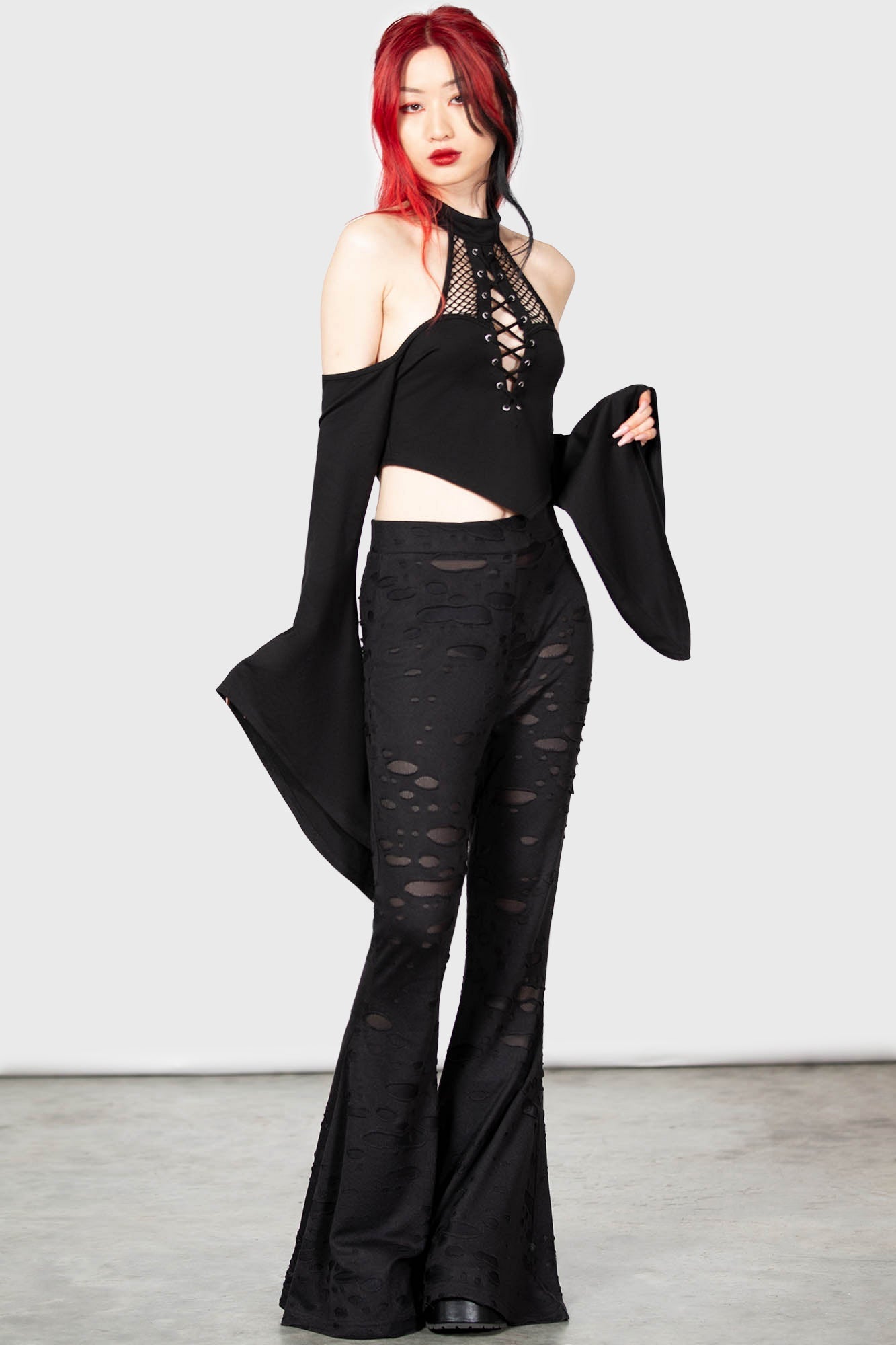 Killstar Biter Flares - Stretch Distressed Flared Jeans