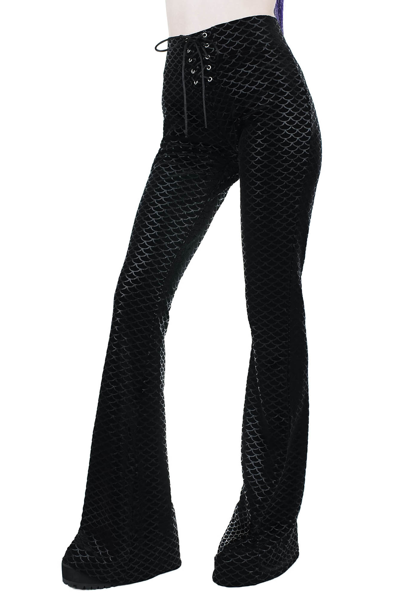 Killstar Black Velvet Bell Bottom Pants with Lace-Up Front