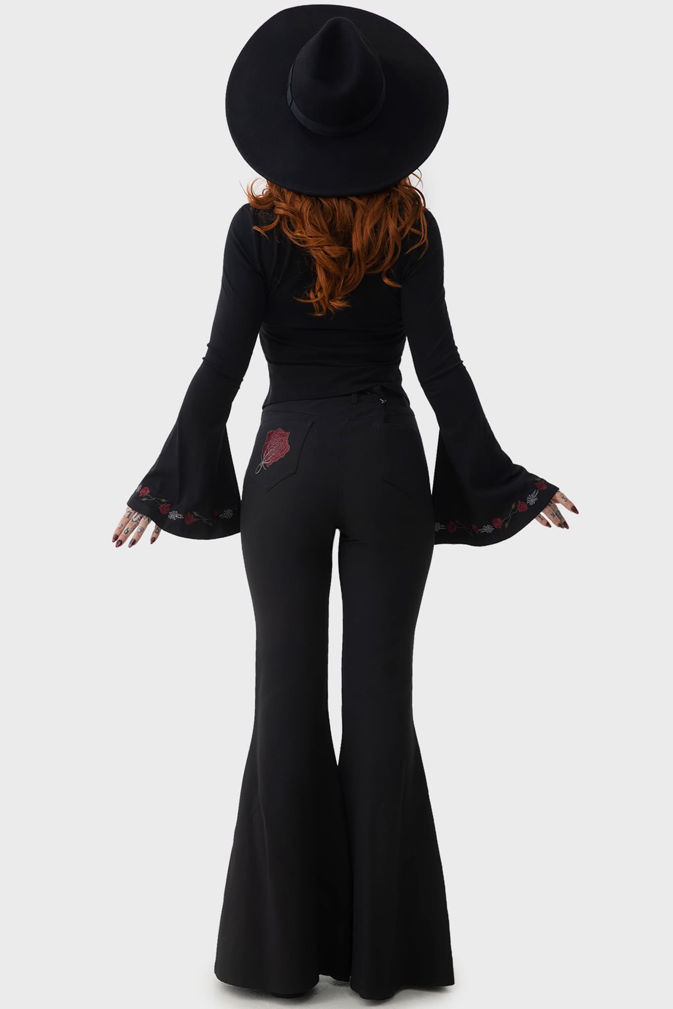 Killstar Blood Rose Flare Pants with Embroidery