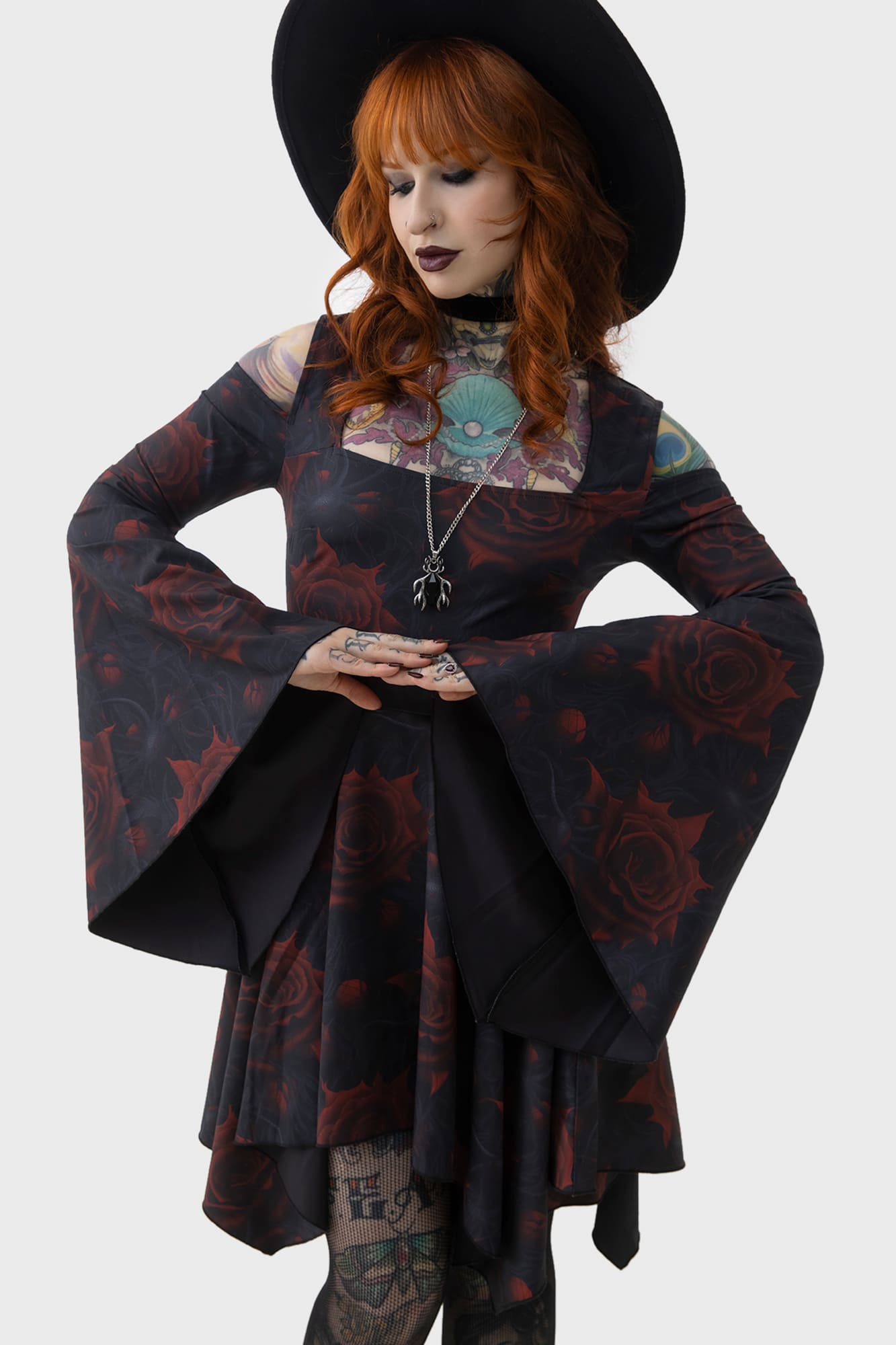 Killstar Blood Rose Floral Mini Dress with Cold Shoulder