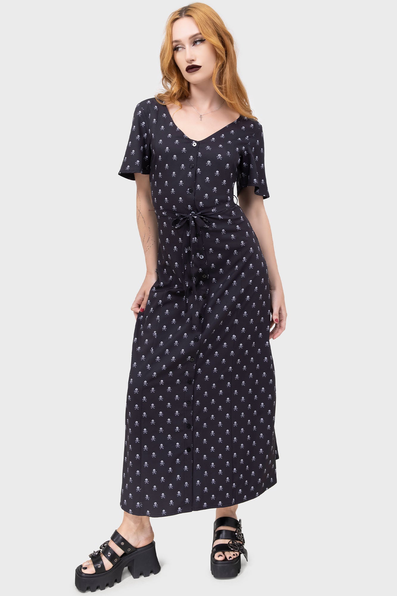 Killstar Boneyard Club V-Neck Maxi Dress with Tie Belt