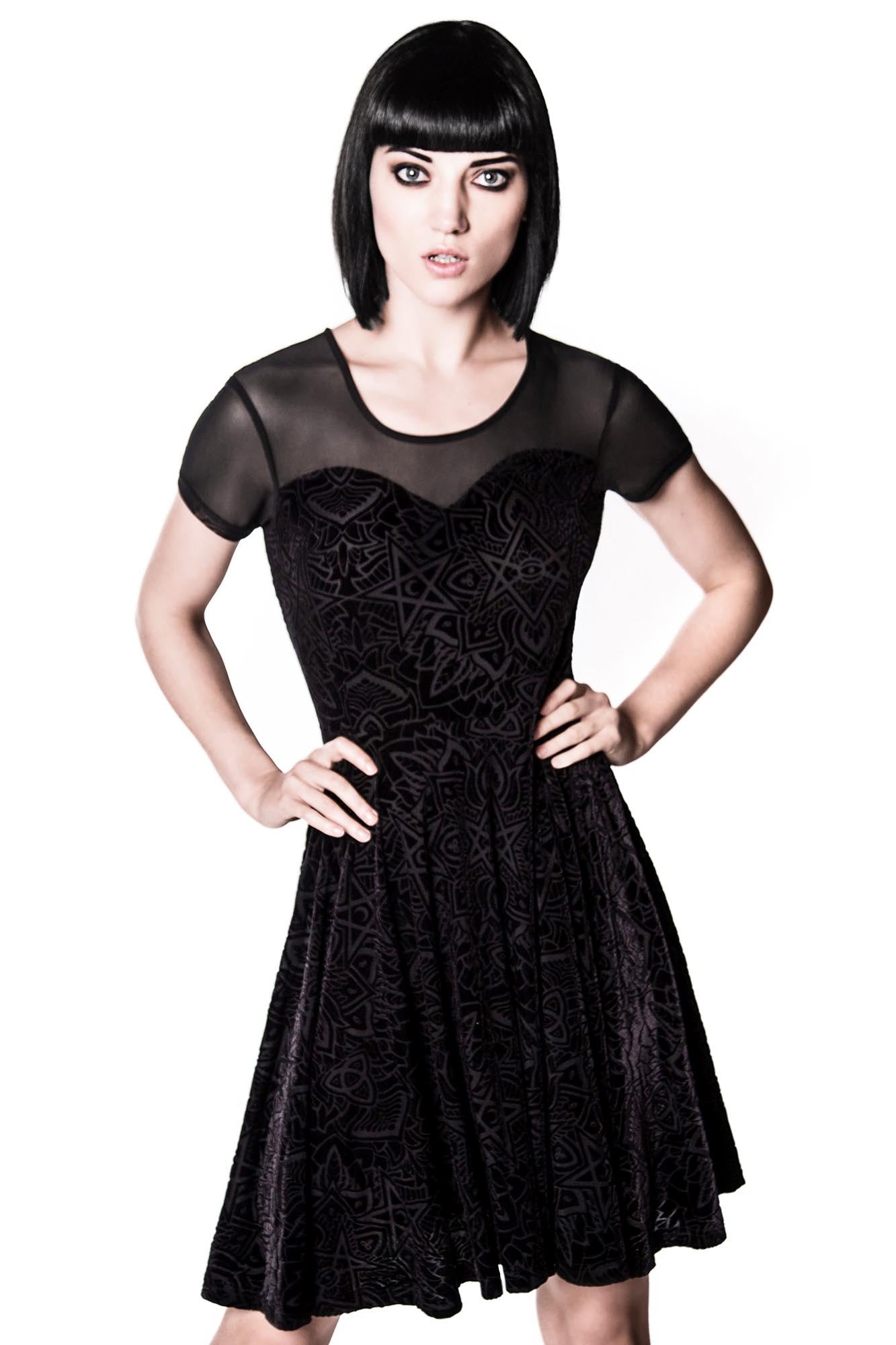 Killstar Burnout Velvet Skater Dress with Mesh Yoke
