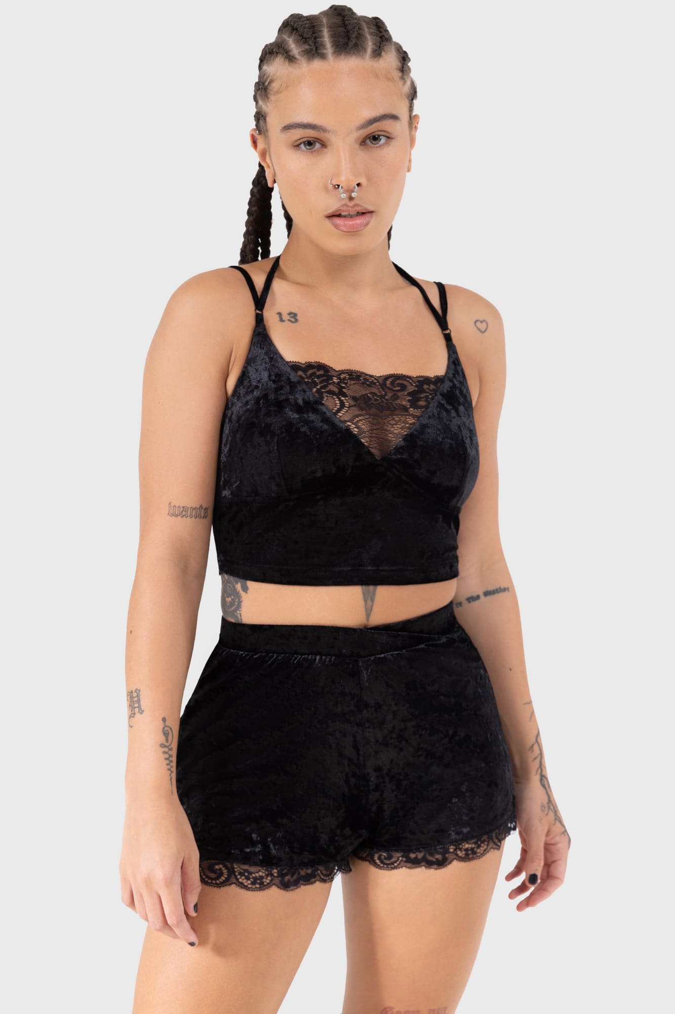 Killstar Burnt Obsidian Velvet Shorts with Lace Trim