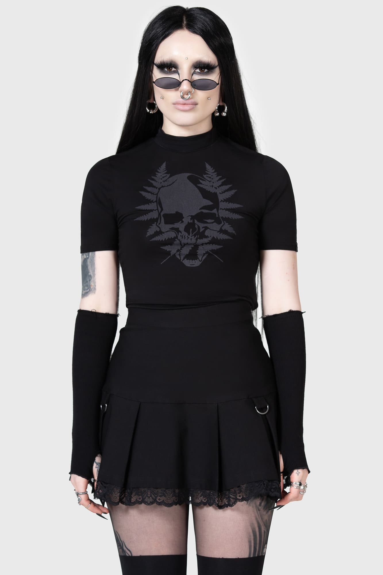 KIHILIST Pleated Mini Skirt with Lace Trim & Side Zip