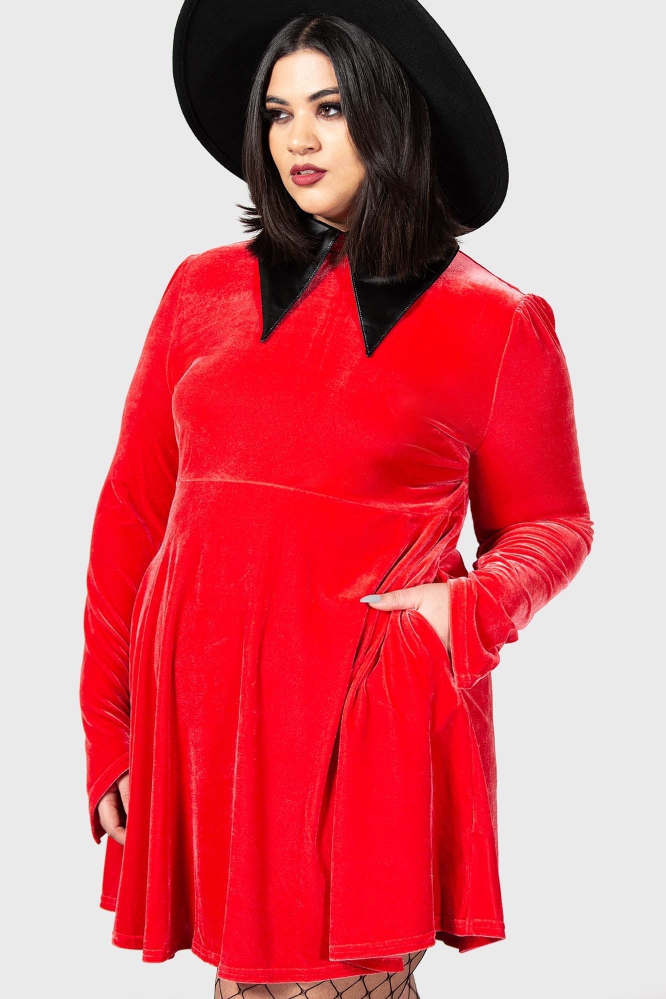 Killstar Cathedral II Velvet Skater Dress with Leather Collar - Red Plus Size