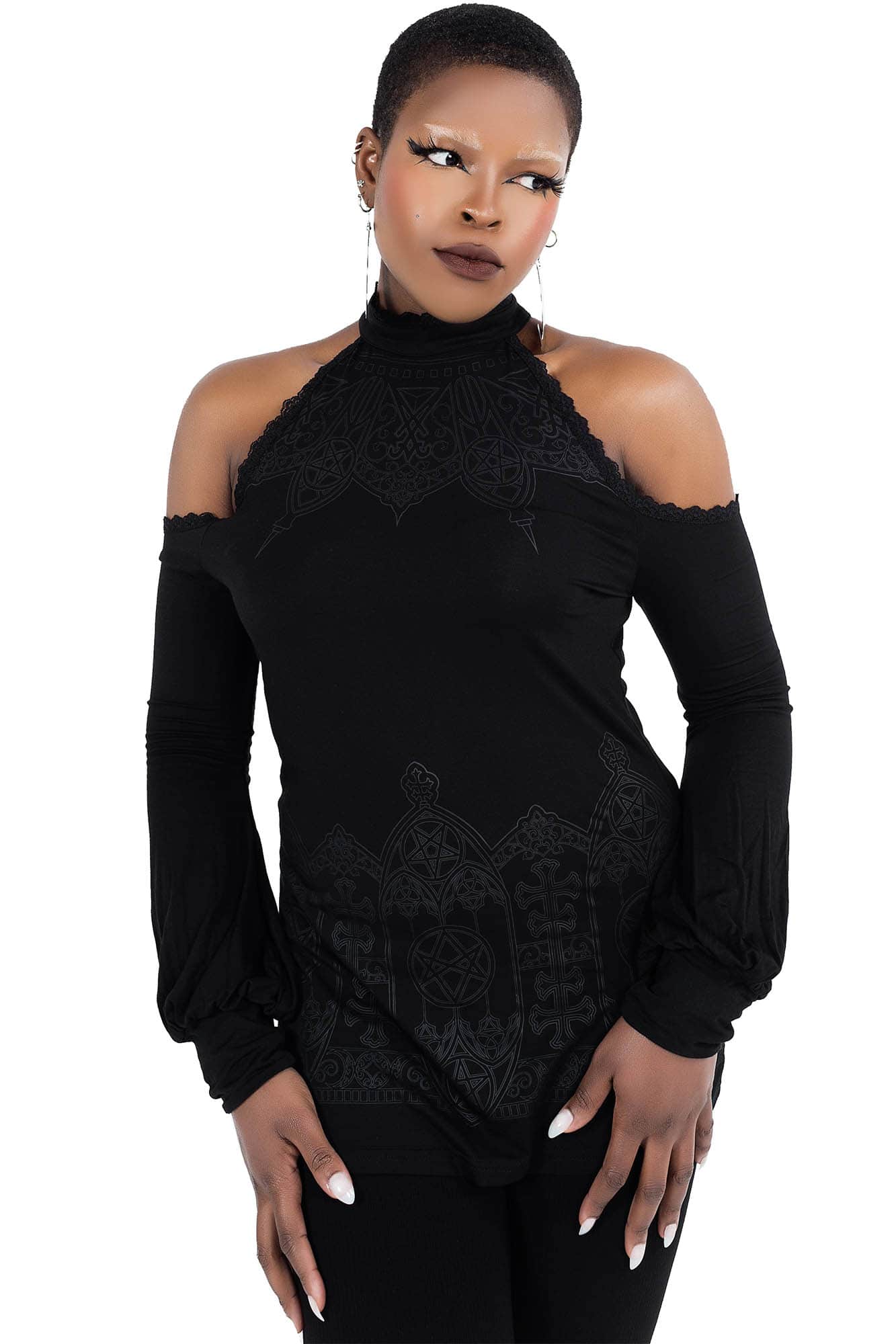 Killstar Cecila Cold Shoulder Top with Lace Trims & Keyhole Back