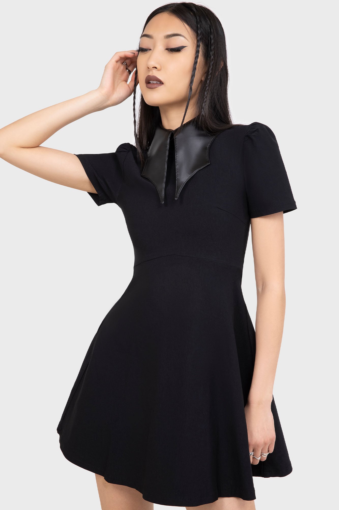 KIHILIST Chapel Collar Mini Dress with PU Collar & Back Zip