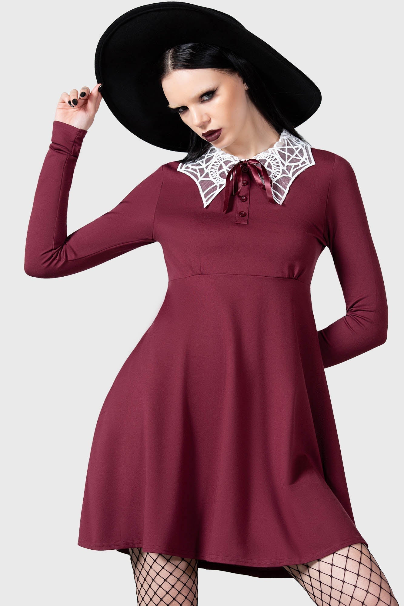 Killstar Charmed School Dress - Crimson Gothic A-Line with Mesh Collar