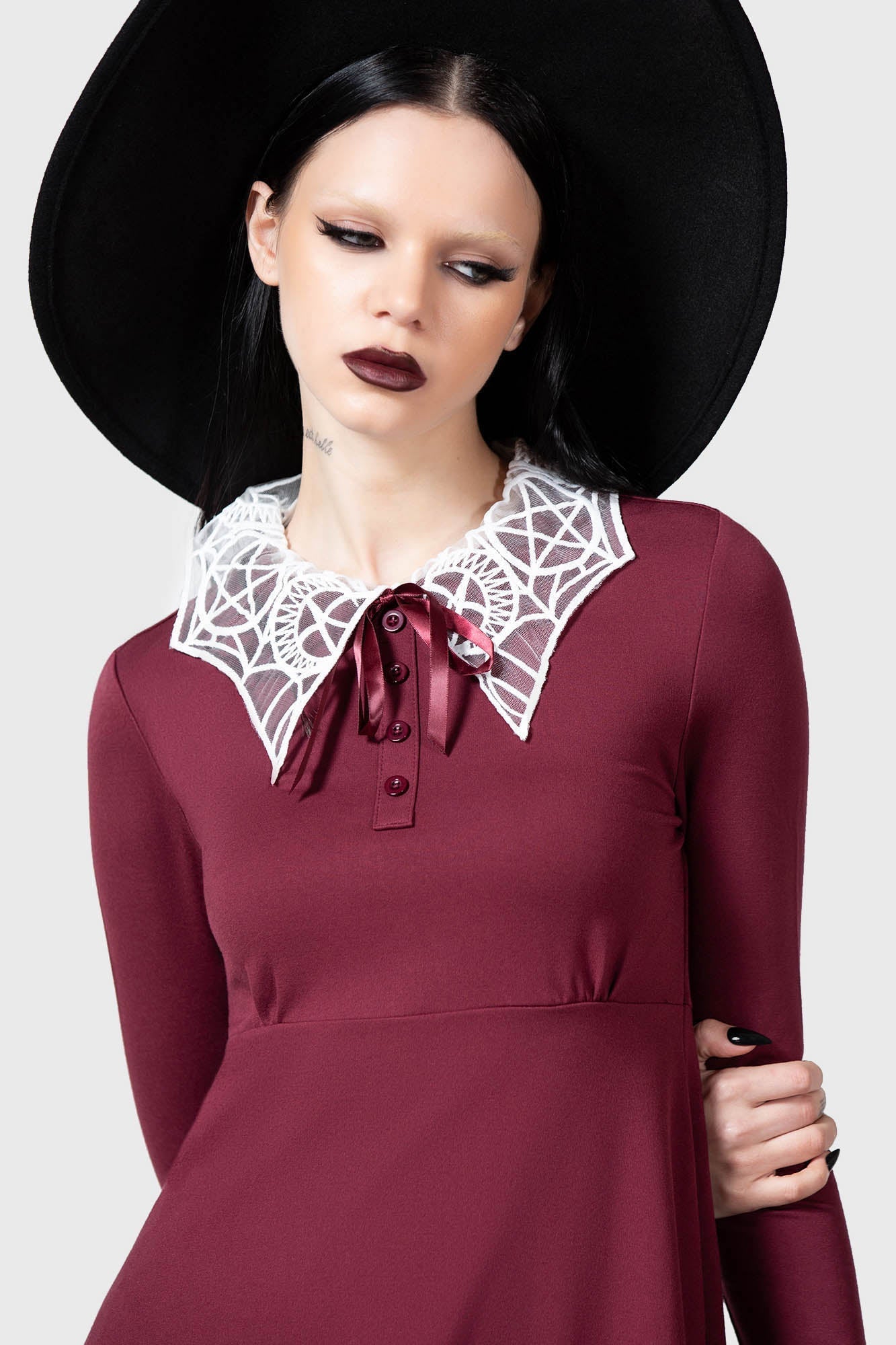Killstar Charmed School Dress - Crimson Gothic A-Line with Mesh Collar