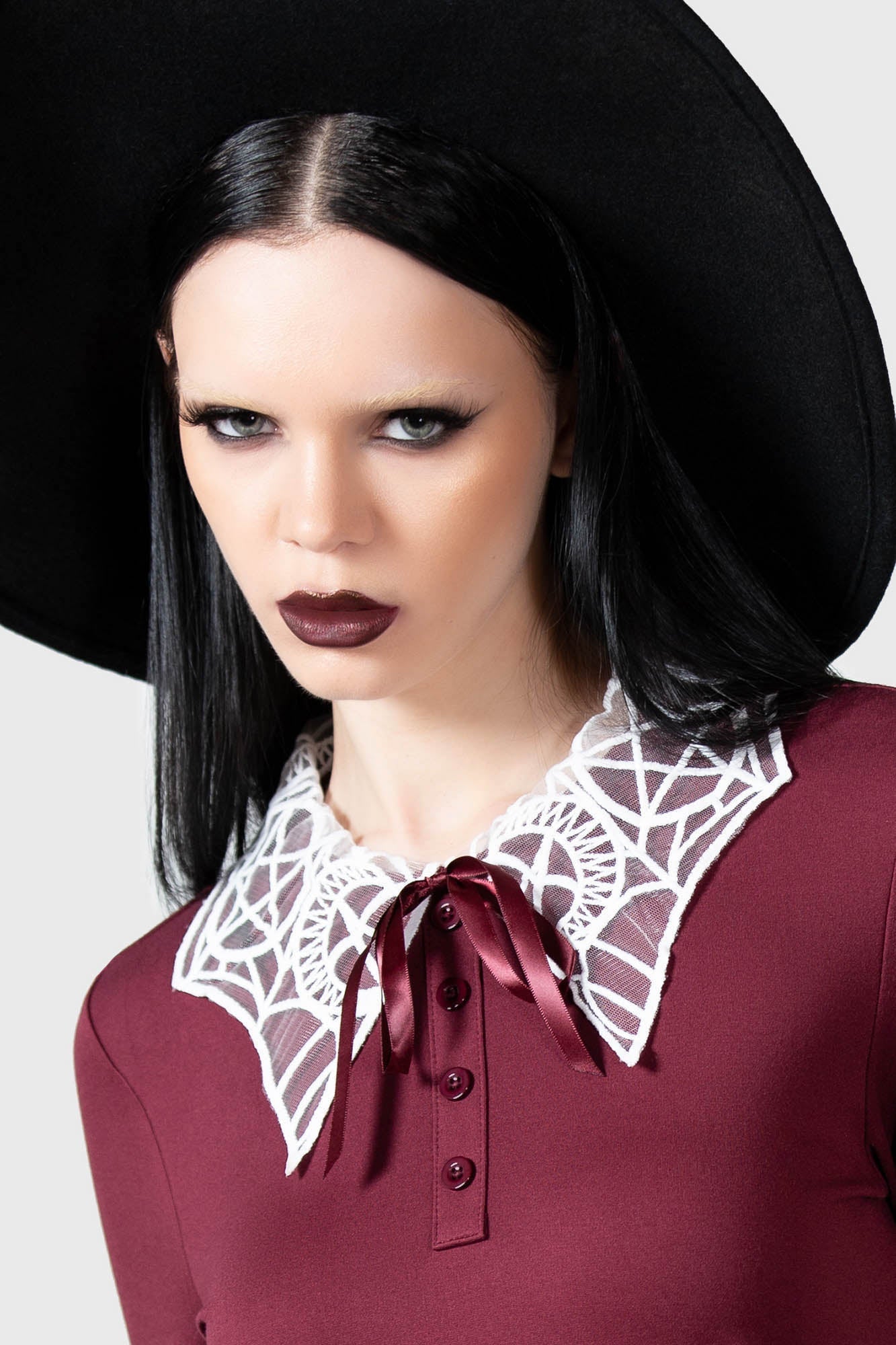 Killstar Charmed School Dress - Crimson Gothic A-Line with Mesh Collar
