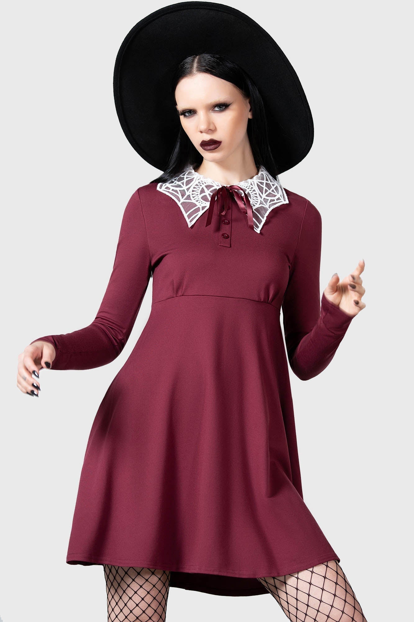 Killstar Charmed School Dress - Crimson Gothic A-Line with Mesh Collar
