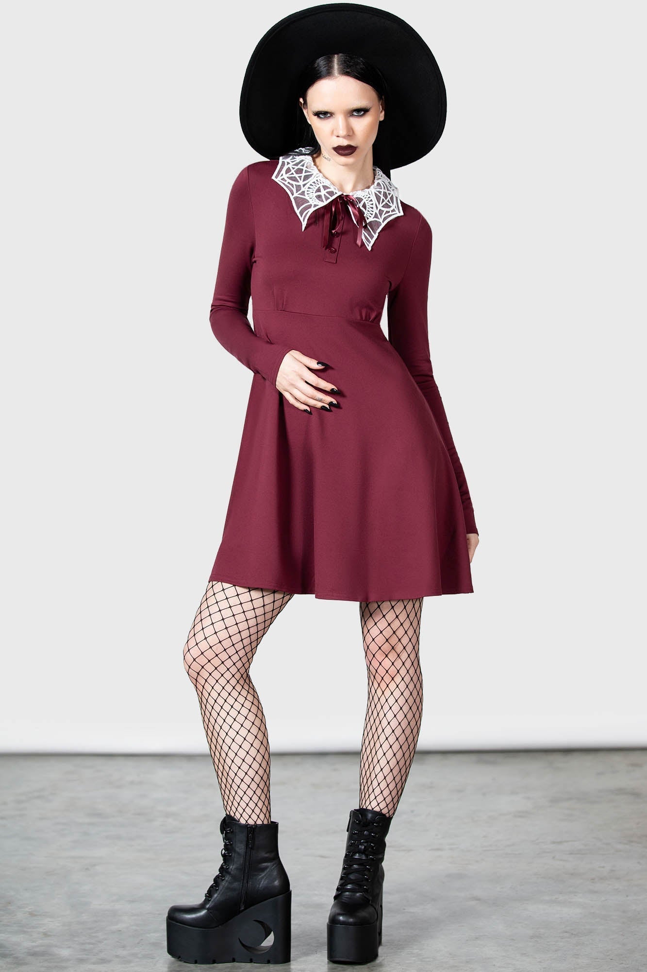 Killstar Charmed School Dress - Crimson Gothic A-Line with Mesh Collar
