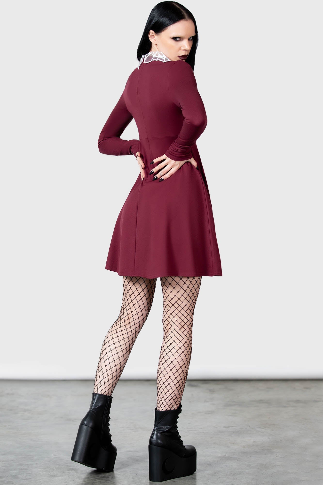 Killstar Charmed School Dress - Crimson Gothic A-Line with Mesh Collar