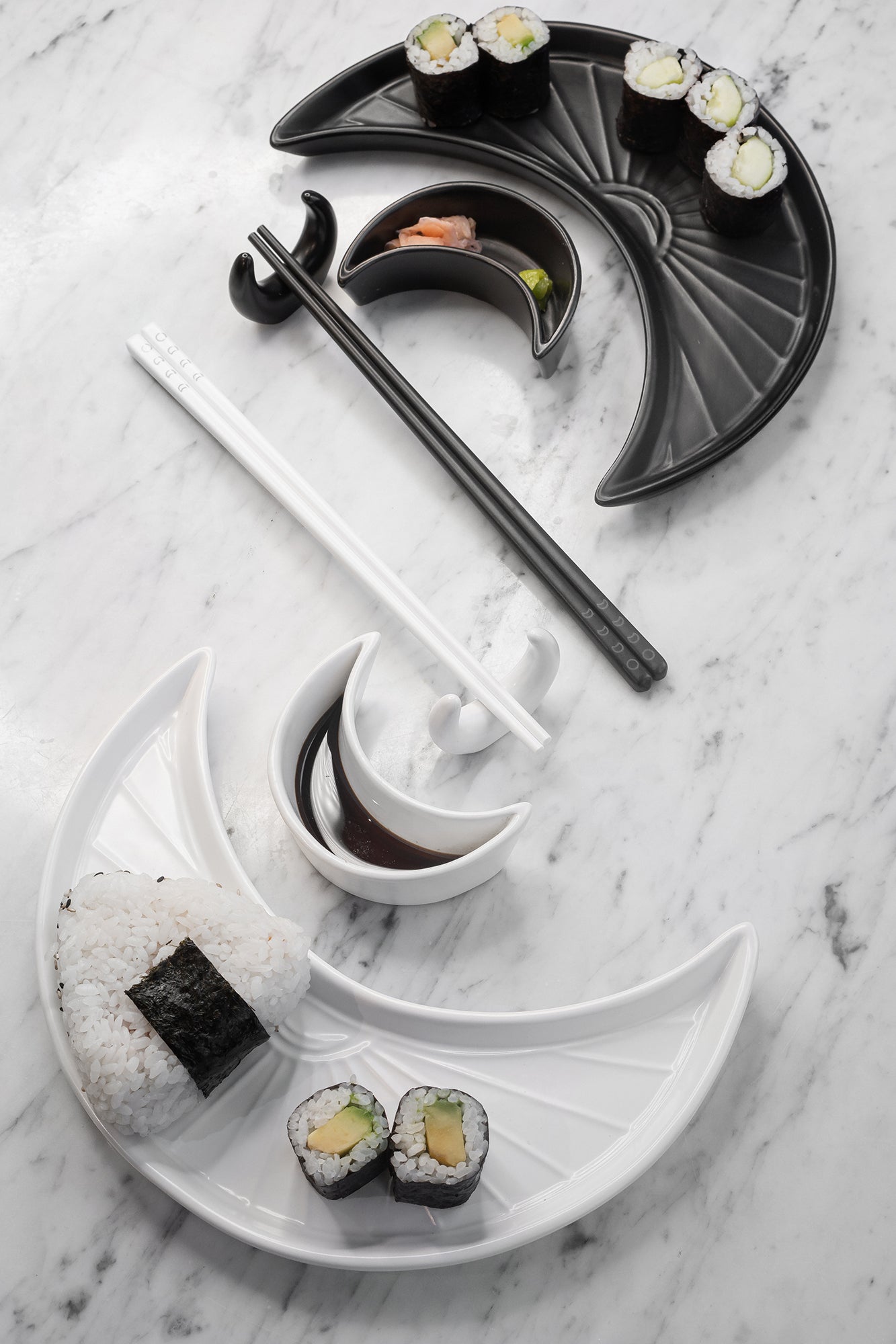 Killstar Crescent Moon Sushi Plate Set - Black & White Ceramic