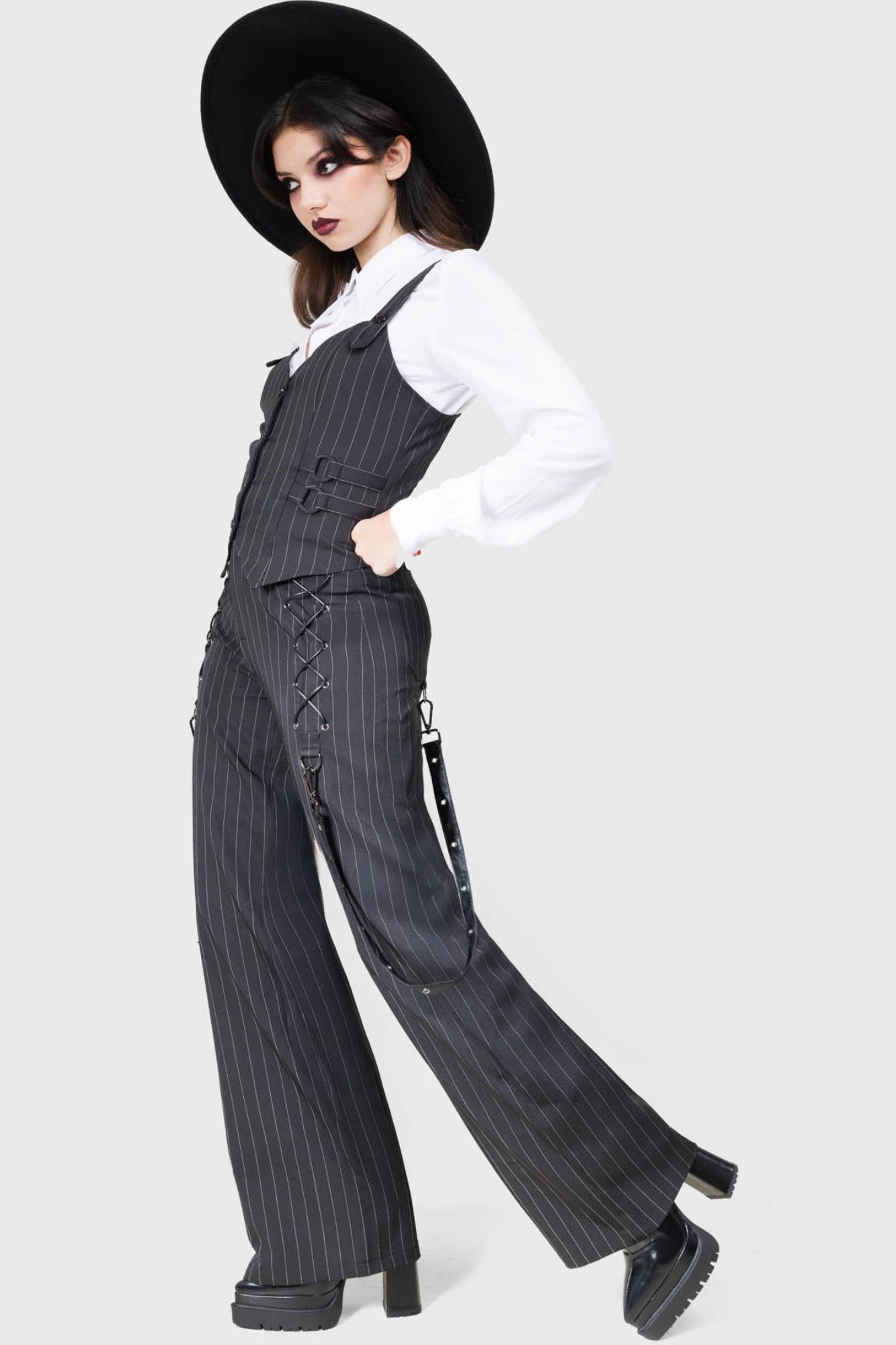 Killstar Cruriosus Striped Lace-Up Wide Leg Trousers
