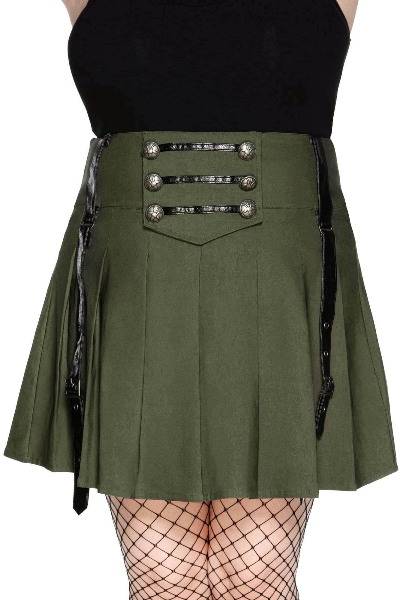 Killstar Dark Academy Pleated Mini Skirt - Khaki Plus Size