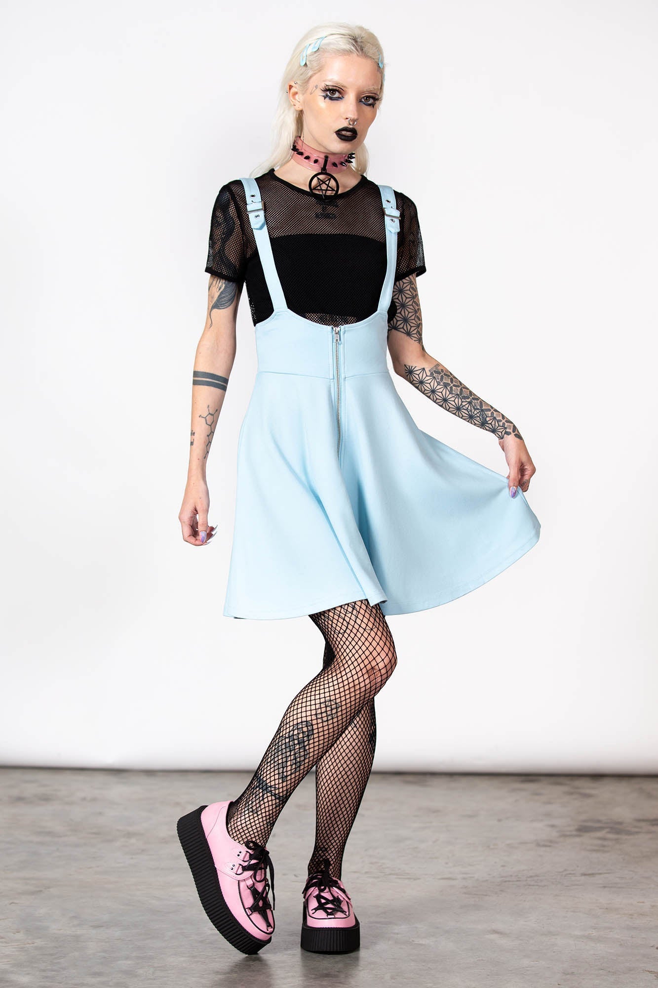 Killstar Pastel Blue Suspend Me Skirt with Buckle Details