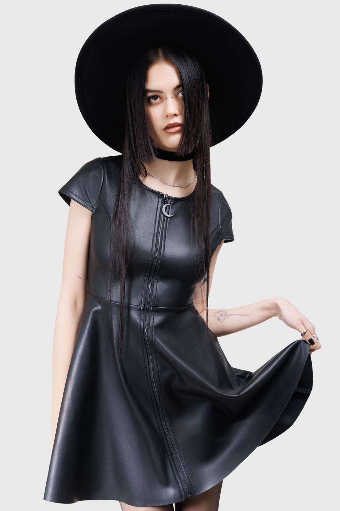 KIHILIST Dark Whisper PU Zip-Front Fit & Flare Dress