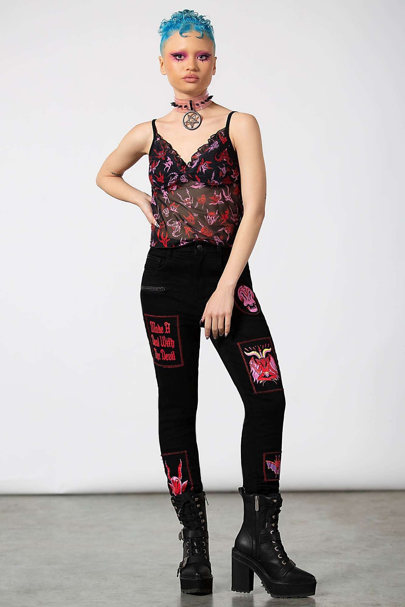 Killstar Dealer Skinny Jeans with Patch Design - High Waisted Stretch Denim