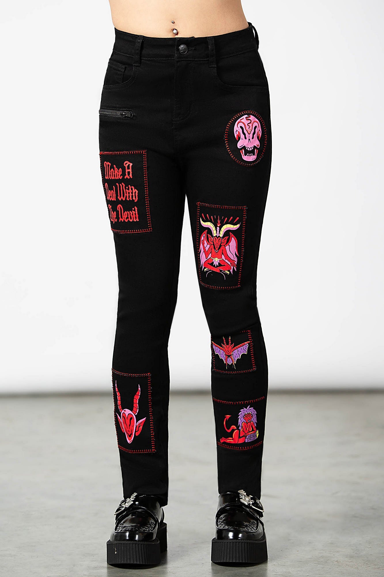 Killstar Dealer Skinny Jeans with Patch Design - High Waisted Stretch Denim