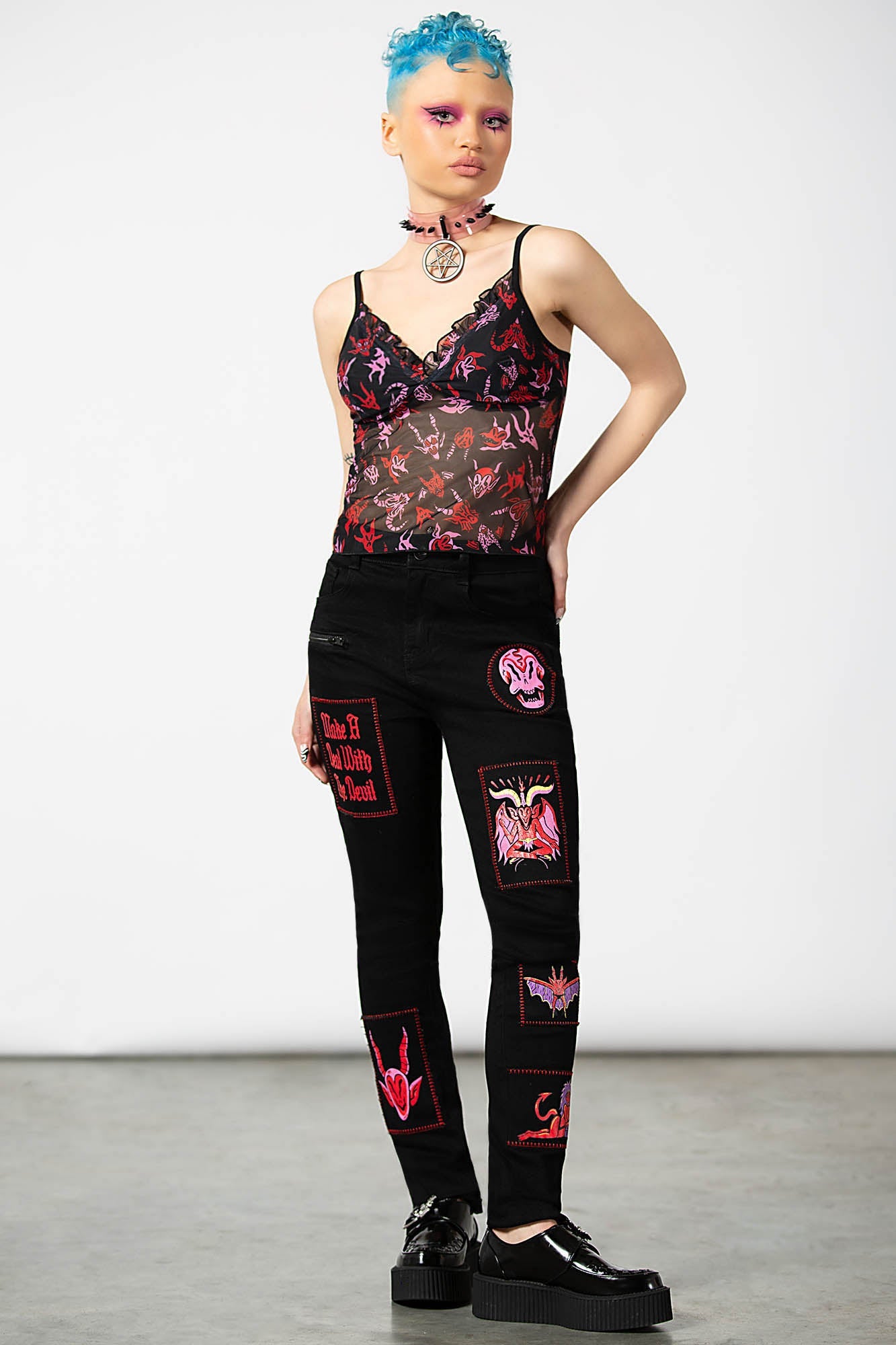 Killstar Dealer Skinny Jeans with Patch Design - High Waisted Stretch Denim