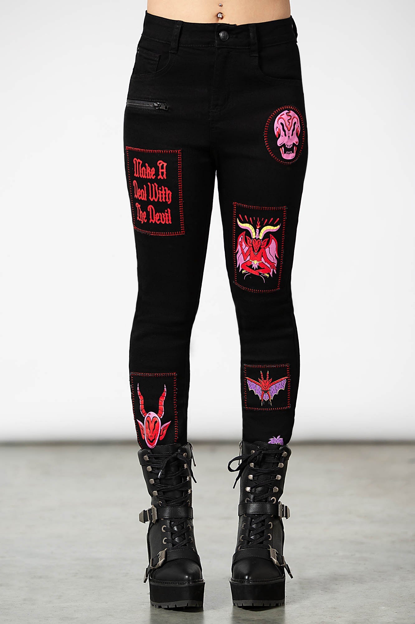 Killstar Dealer Skinny Jeans with Patch Design - High Waisted Stretch Denim