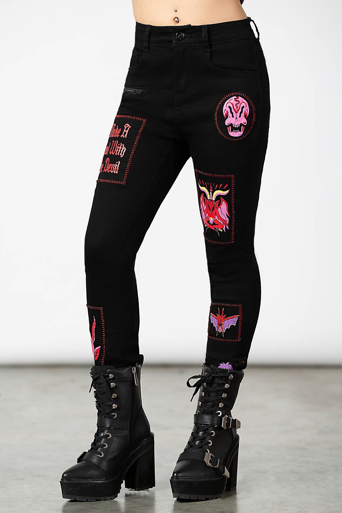 Killstar Dealer Skinny Jeans with Patch Design - High Waisted Stretch Denim