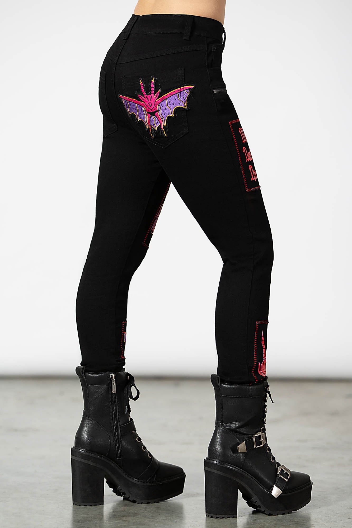 Killstar Dealer Skinny Jeans with Patch Design - High Waisted Stretch Denim
