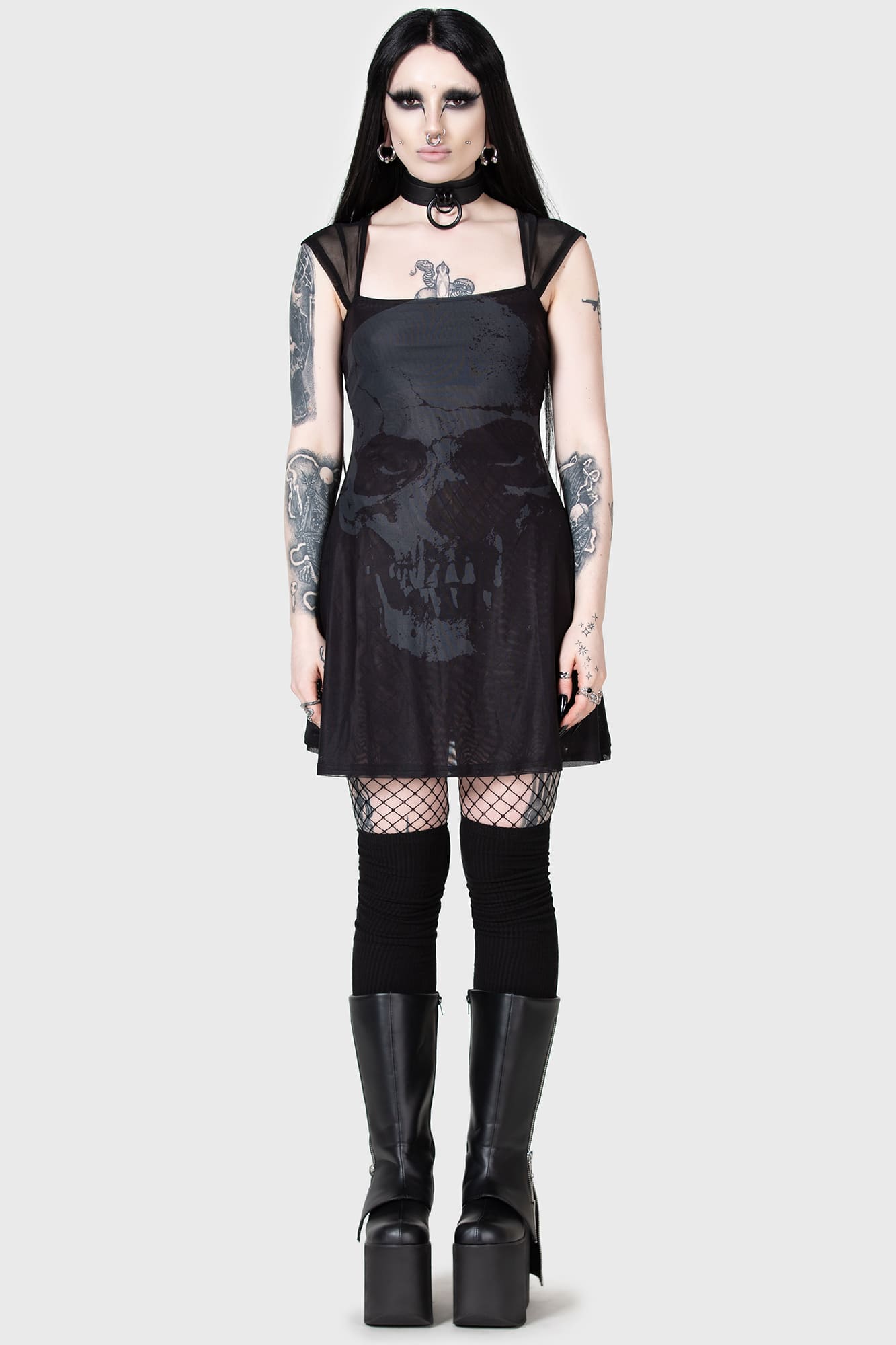 KIHILIST Skull Print Mini Dress - Stretch Mesh & Square Neckline