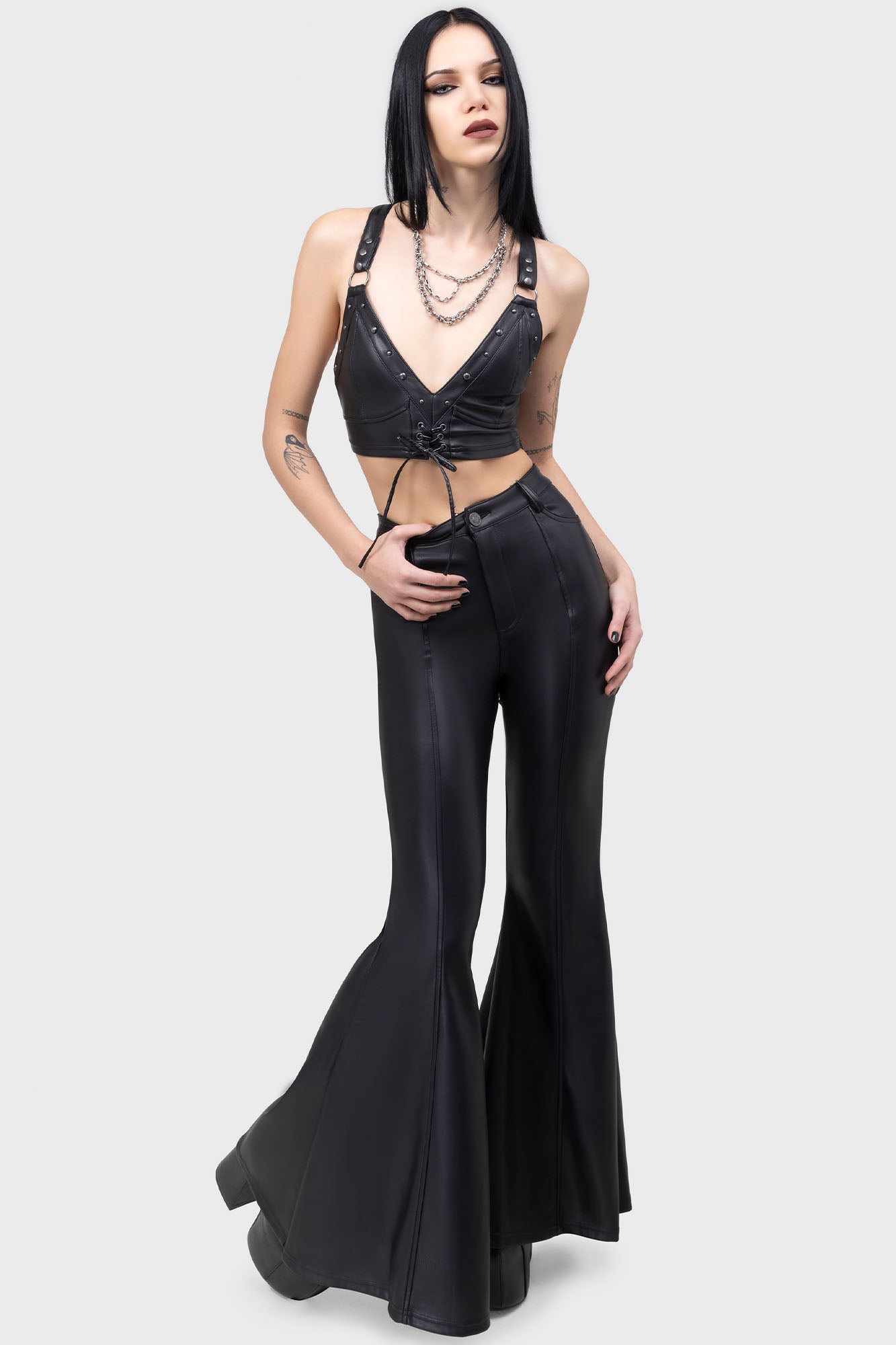 Killstar Deaths Denime PU Flare Pants - Gothic Statement Trousers